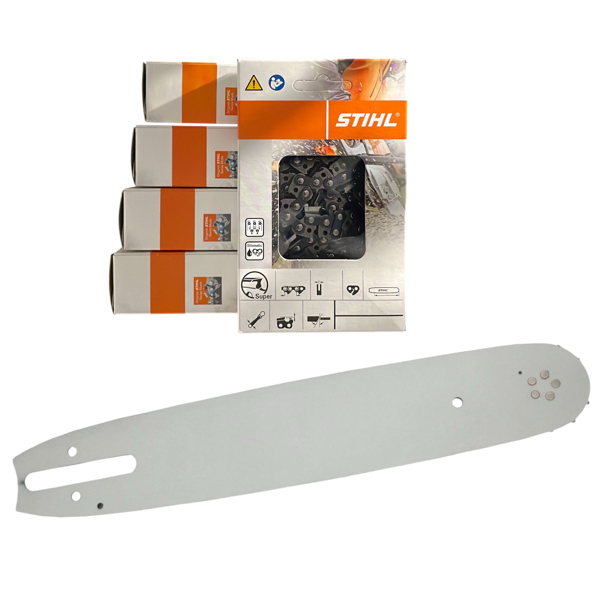 5 Stück Stihl Sägeketten (PM3) 3/8P 1.3 mm 44 TG + Profi Führungsschiene 30 cm Typ 08