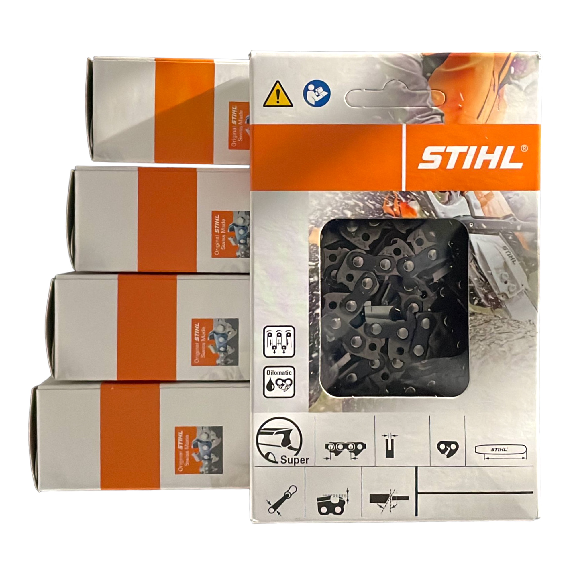 5 Stück Stihl Sägeketten (PM3) 3/8P 1.3 mm 50 + Profi C Führungsschiene 35 cm Typ 08