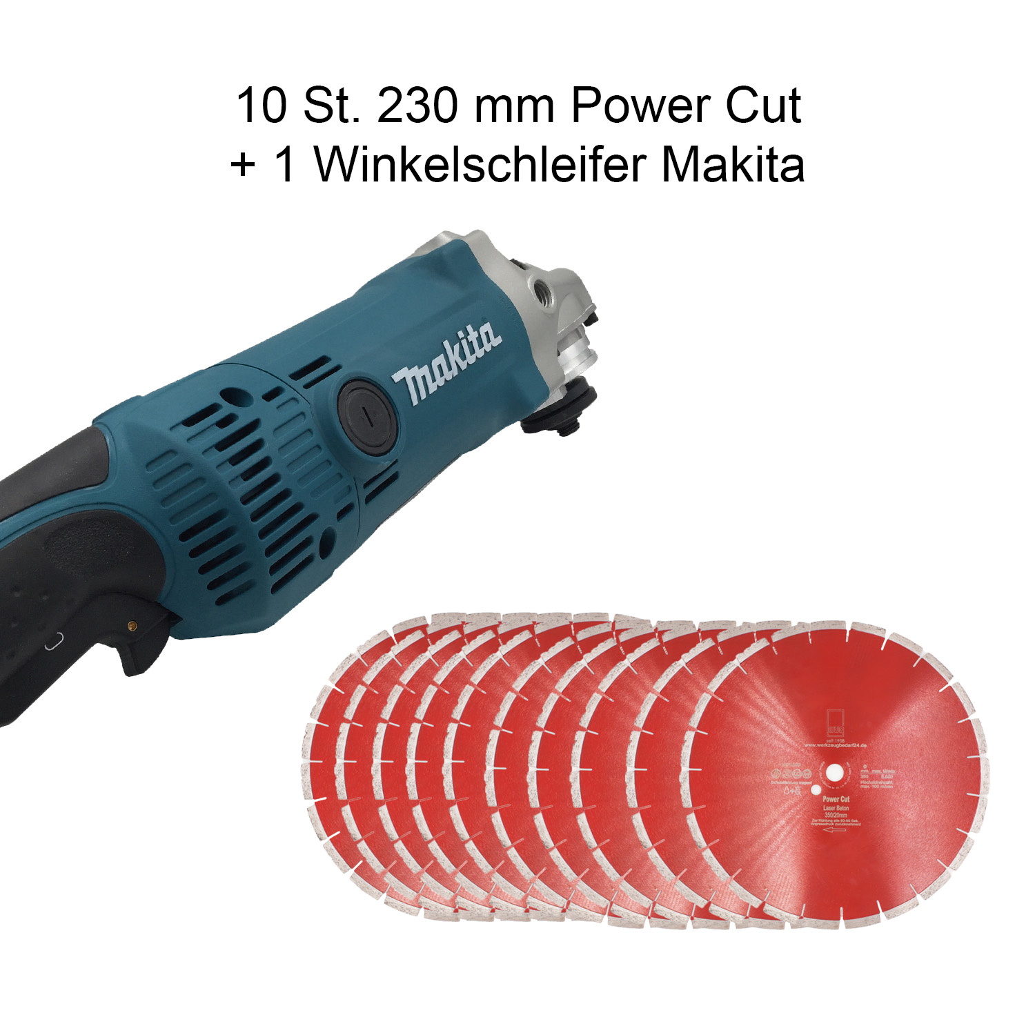 Set Makita Winkelschleifer GA9050R + 10 Stück Diamanttrennscheibe Power Cut 230 mm