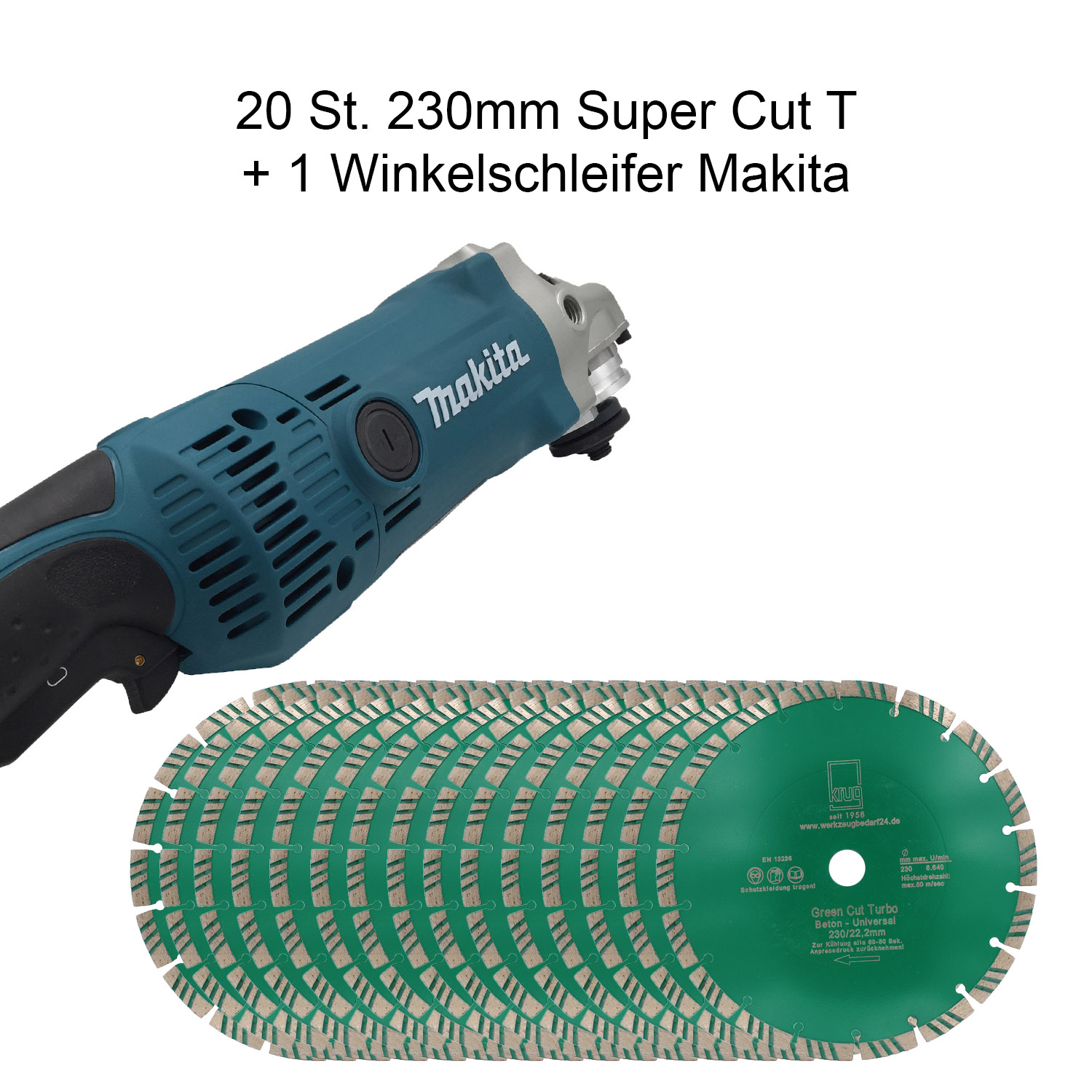 Set Makita Winkelschleifer GA9050R + 20 Stück Diamanttrennscheibe Green Cut Turbo 230 mm