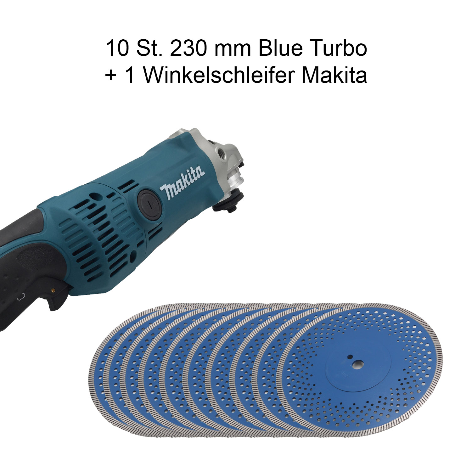 Set Makita Winkelschleifer GA9050R + 10 Stück Diamanttrennscheibe blue Turbi 230 mm