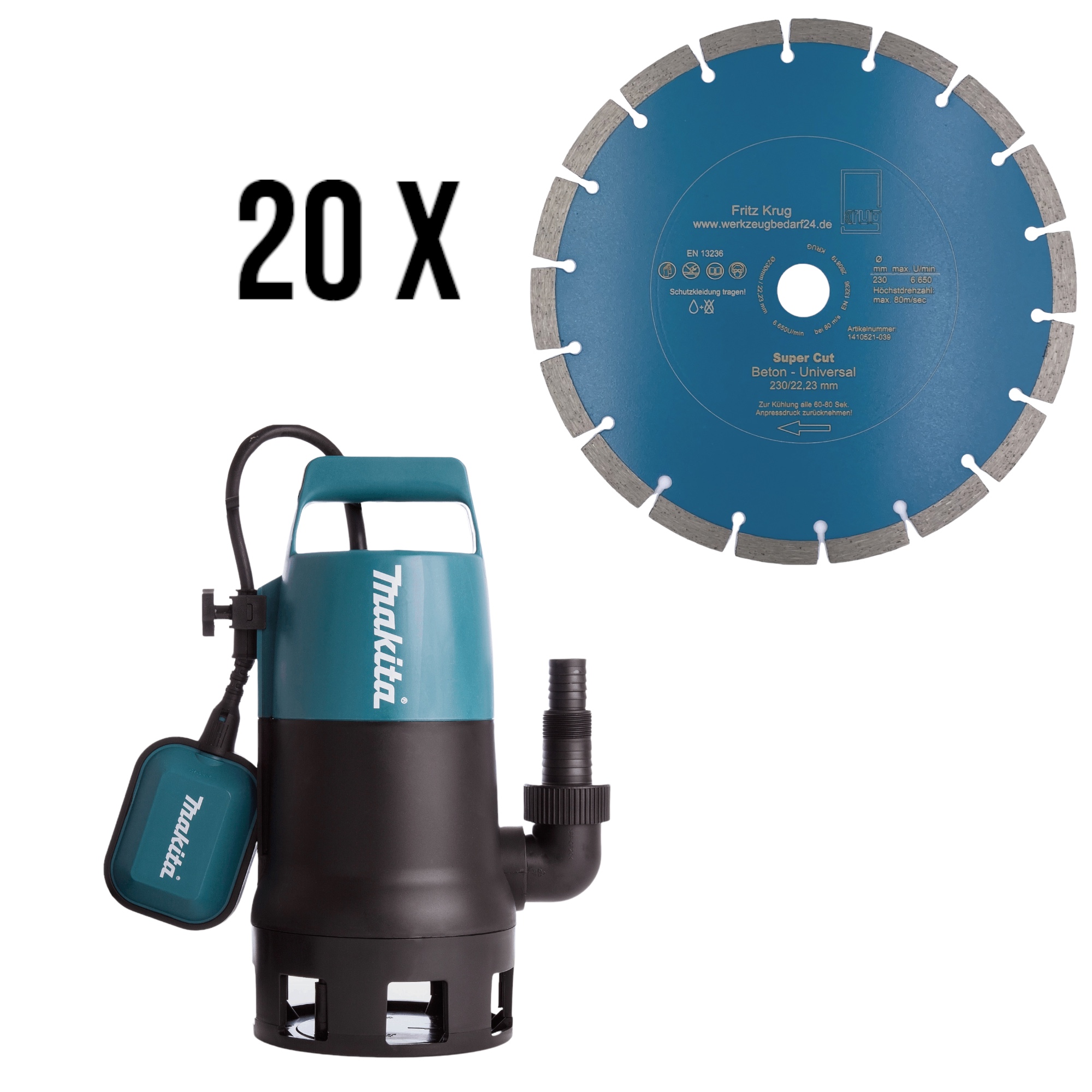 Makita Tauchpumpe-Schmutzwasser PF0410 plus 20 x Diamantscheibe Super Cut 230 für Beton Granit Klink