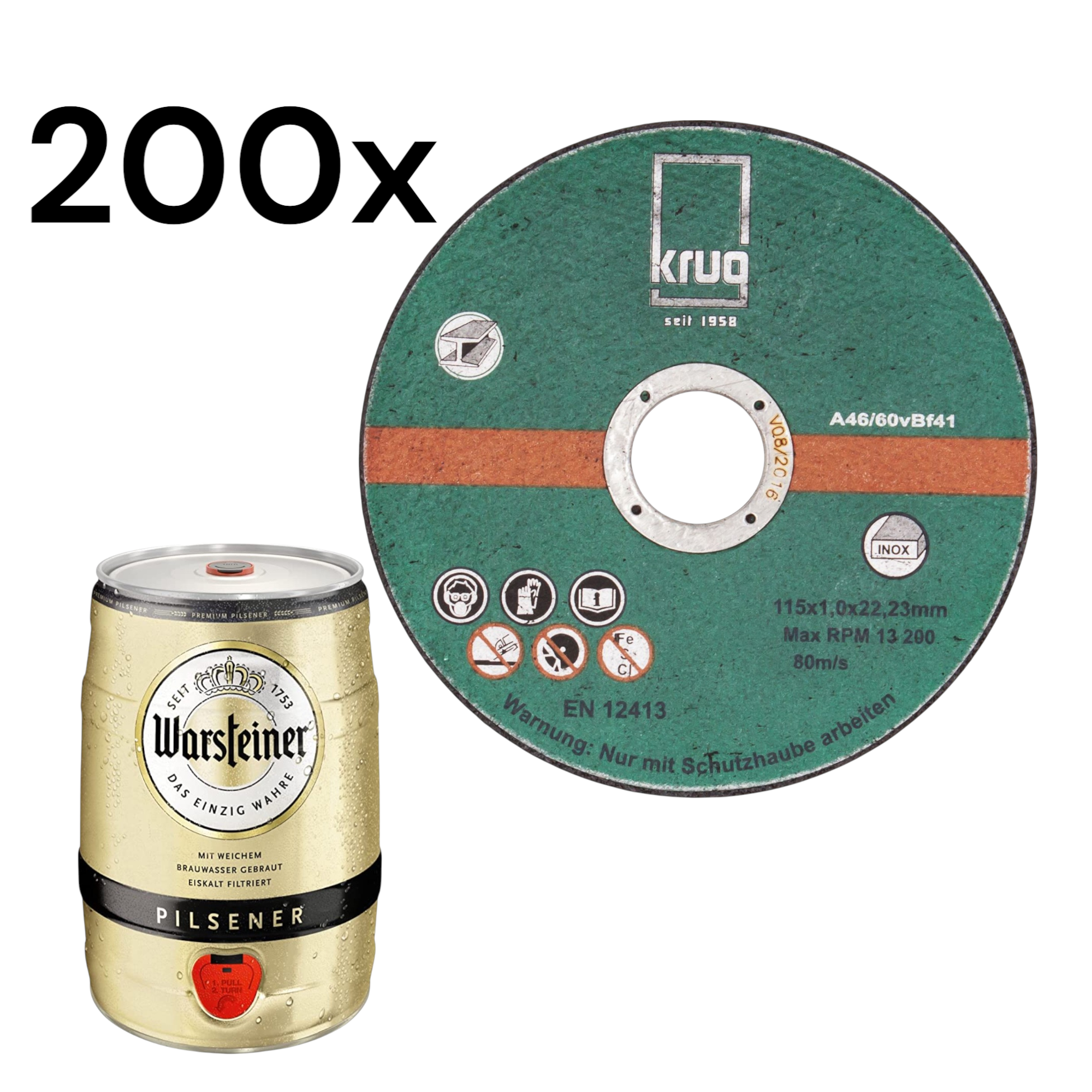 Handwerkerpaket  200 St Trennscheiben Inox 115mm + 1 x Partydose 5L Warsteiner