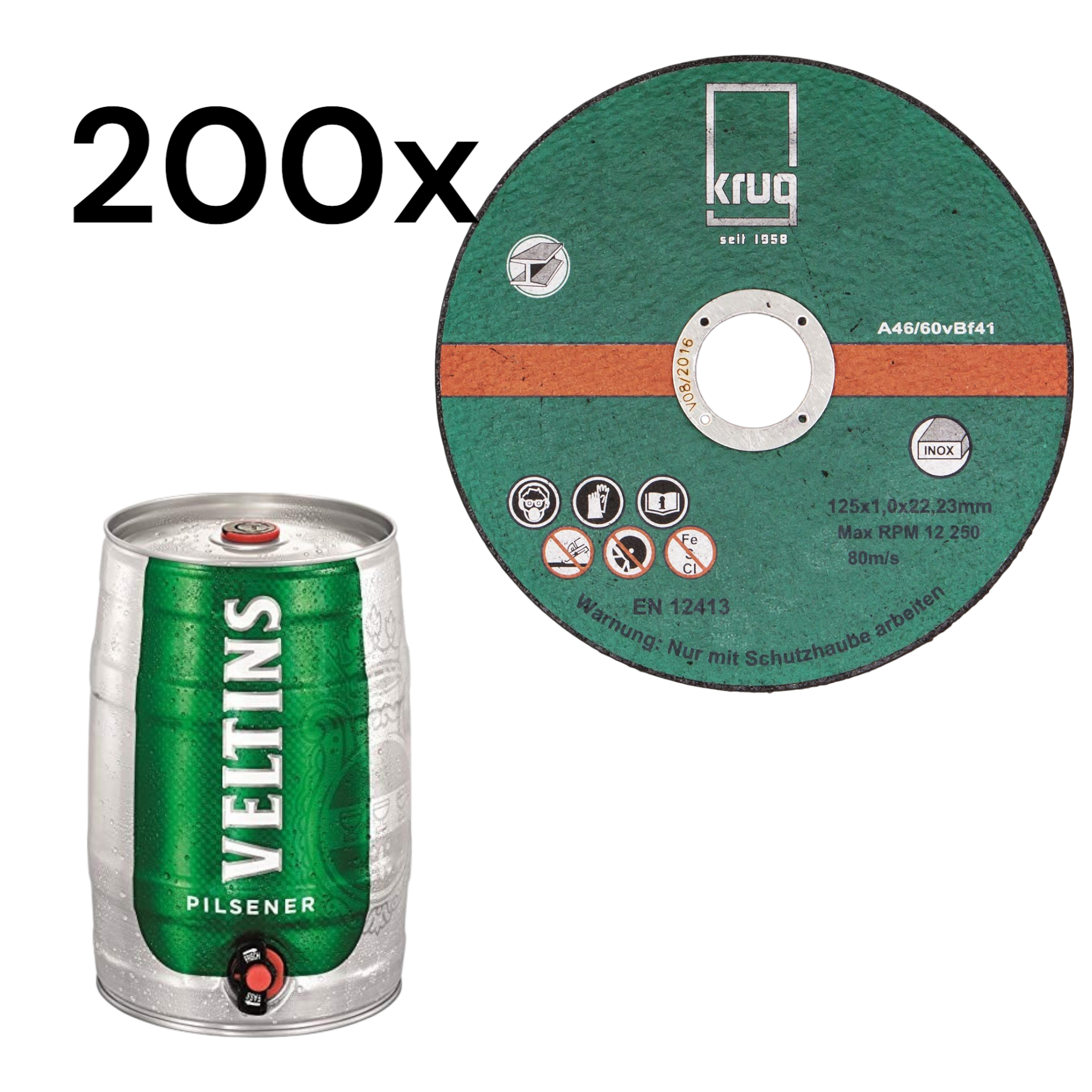 Handwerkerpaket  200 St Trennscheiben Inox 125mm + 1 x Partydose 5L Veltins