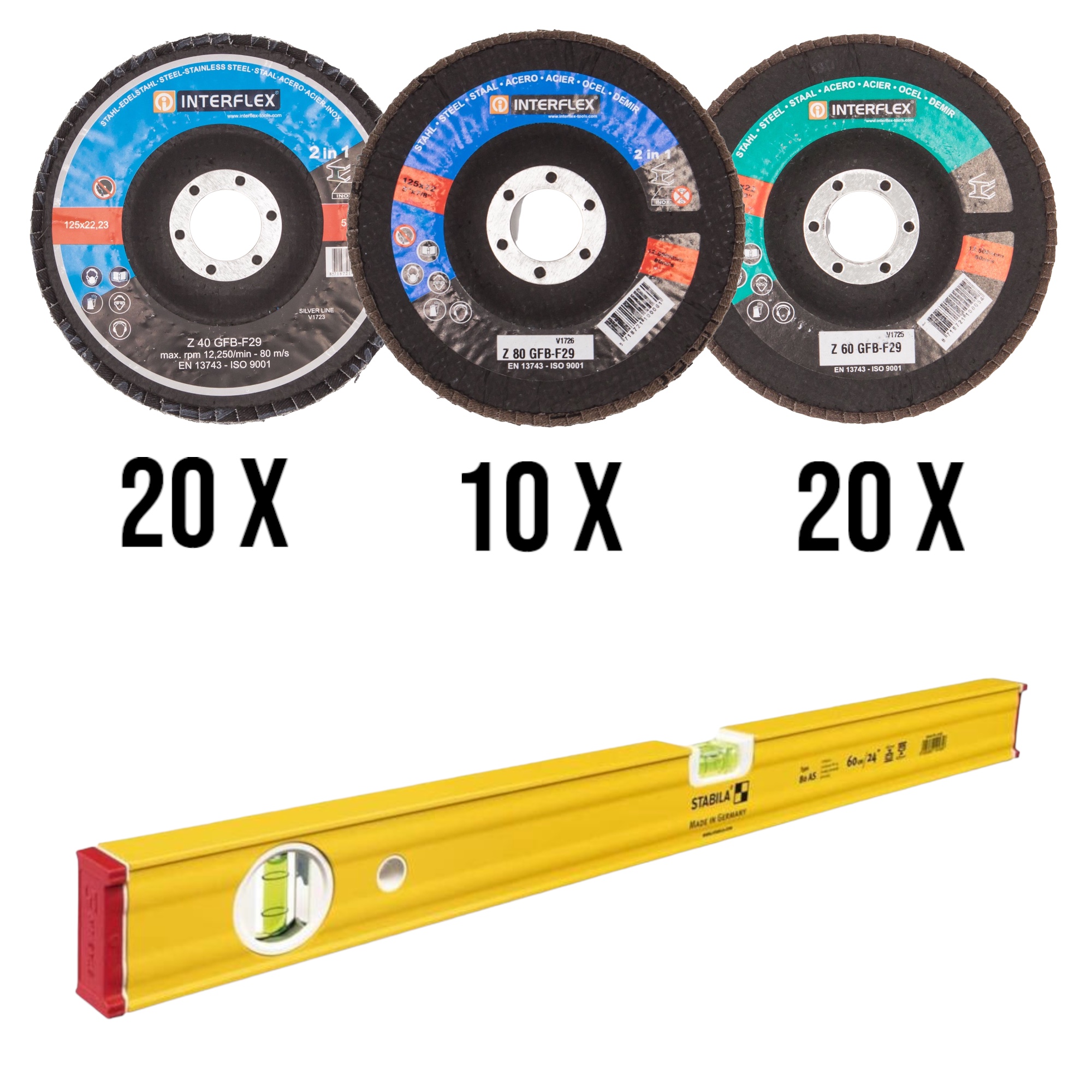 50 Stück Fächerschleifscheiben 125 x 22 20x K40 + 20x K60 + 10x K80 + STABILA Wasserwaage 60 cm 1 ST