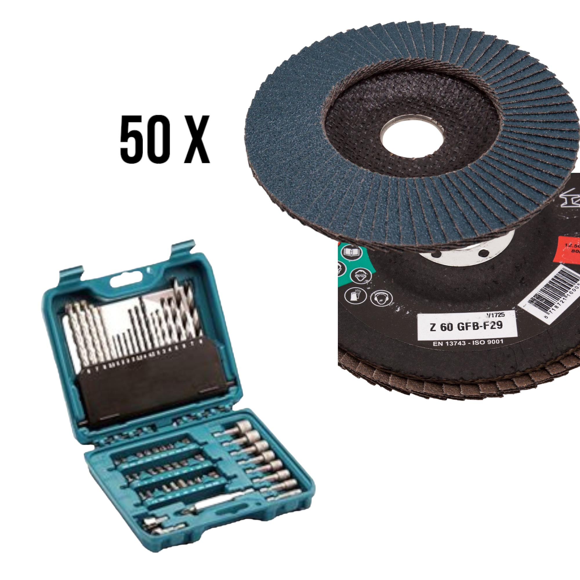 50 Stück Fächerschleifscheiben 115 x 22 K 60 + Makita zubehör-Set P-90358 1 ST