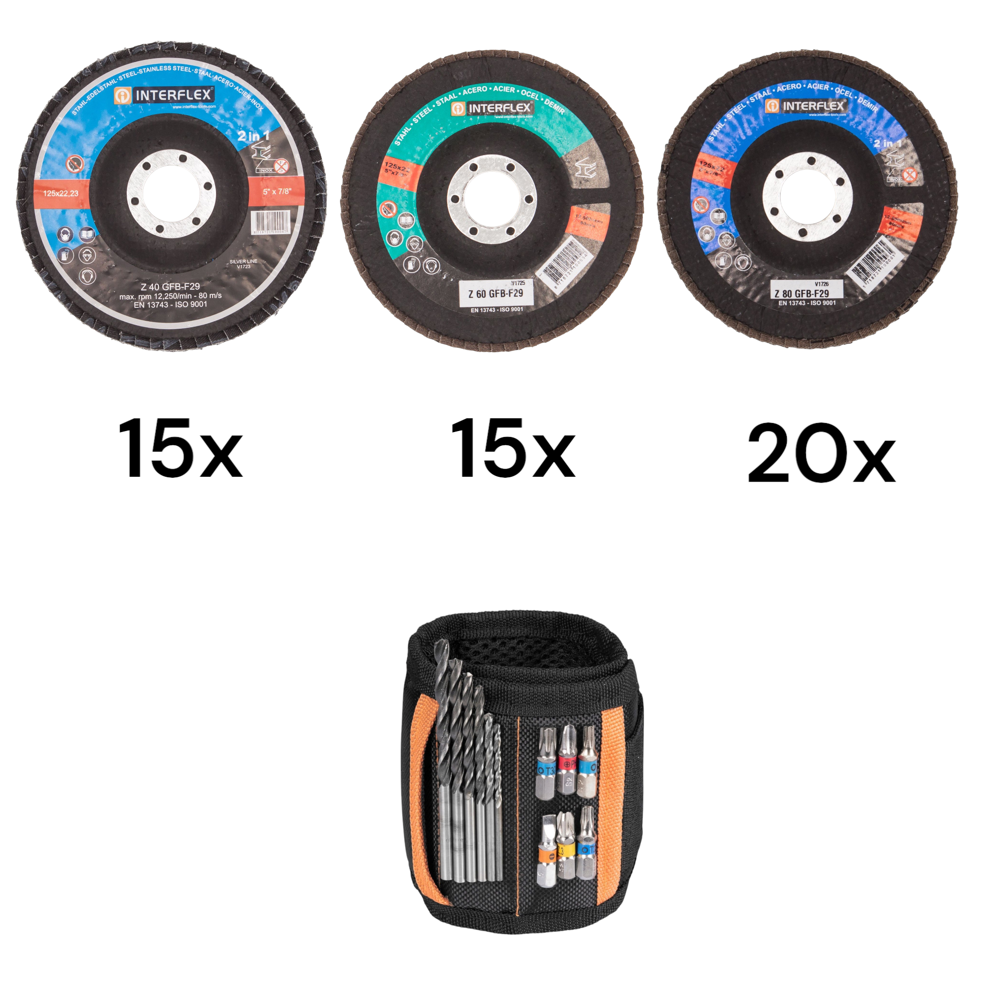 50 Stück Fächerscheiben besteht aus 15x125/40; 15x125/60; 20x125/80 plus Magnetisches Armband Werkze