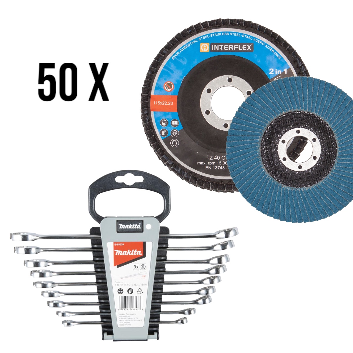 50 Stück Fächerscheiben 115/40 plus Makita Ring-Maulschlüssel-Set B-65539 9- teilig 1 ST