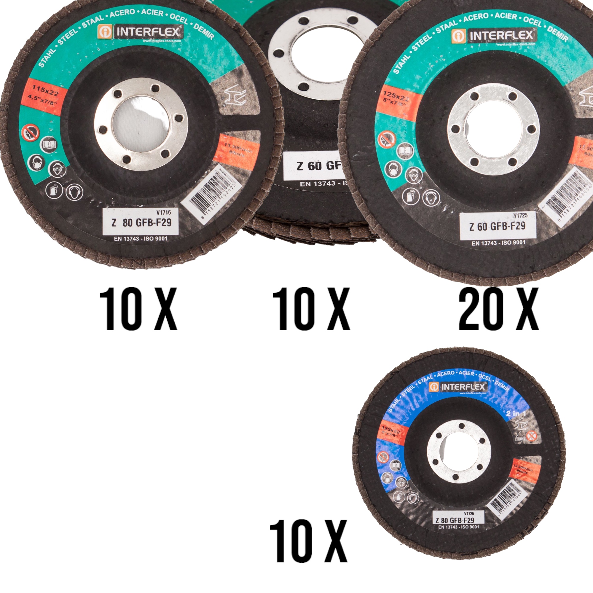 Set Fächerschleifscheiben 10 x 115 Korn 60 + 10 x 115 Korn 80 +  20 x 125 Korn 60 + 10 x 125 Korn 80