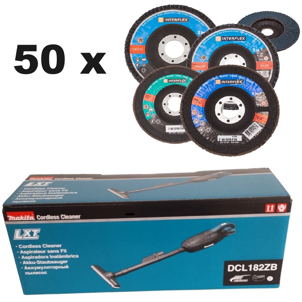 Makita DCL182ZB Akku-Staubsauger + 50 Fächerschleifscheiben 125 Korn 60