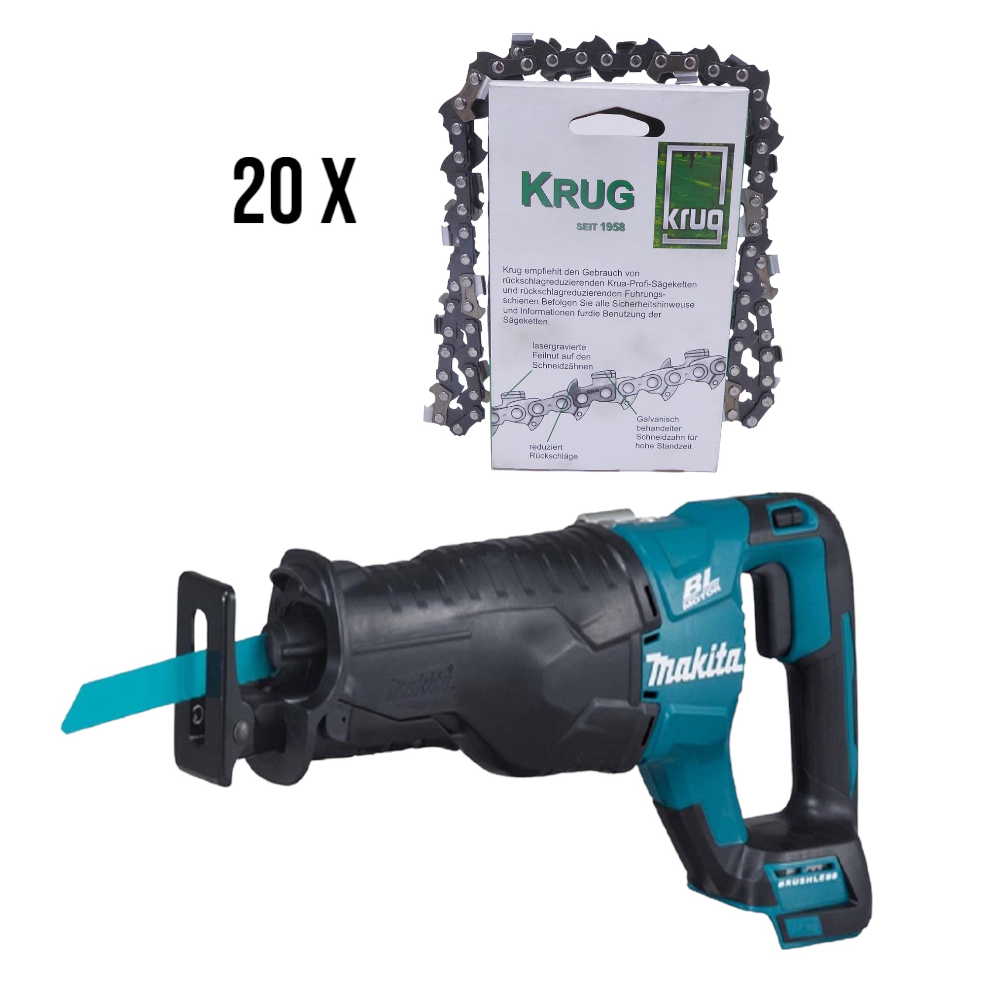Set Makita DJR187Z Akku Reciprosäge Solo + 20 x Profi C Sägekette 3/8P 1.1 mm 50 TG Low Profi