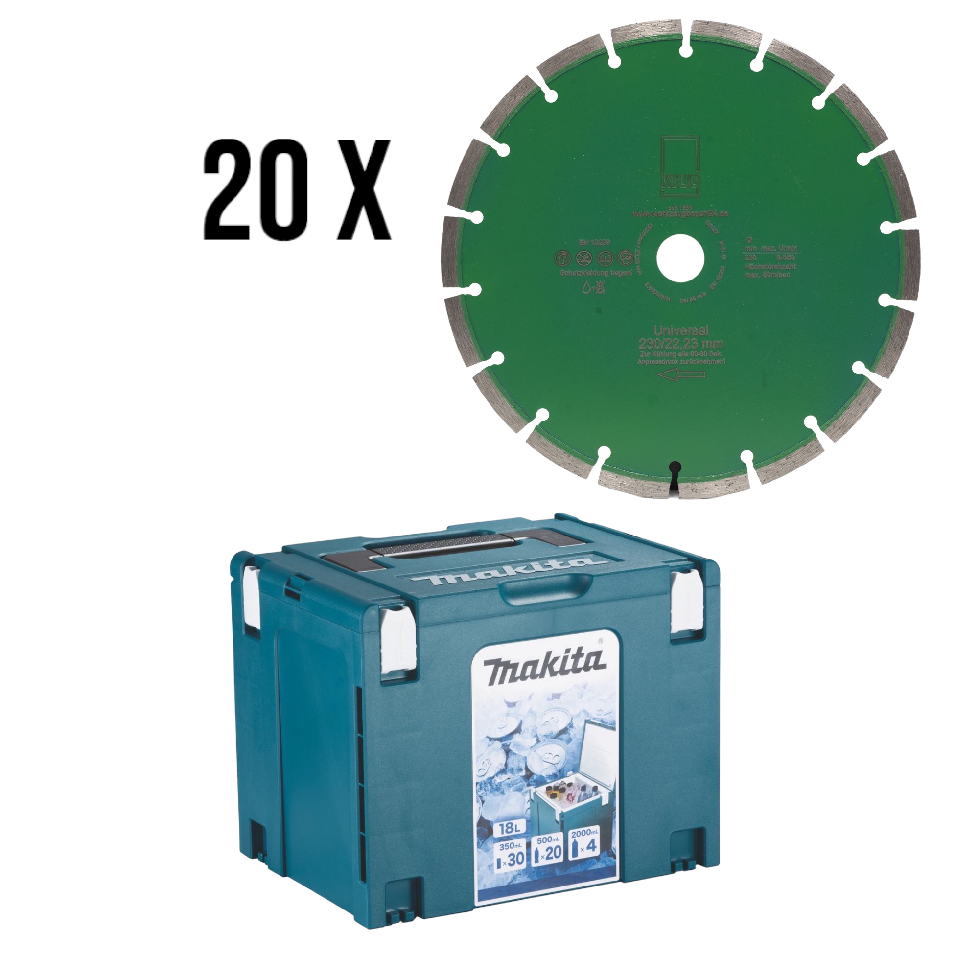 Set 20 Stück Diamantscheibe Green Cut Universal 230 mm + Makita MAKPAC Gr.4  isoliert Kühlbox