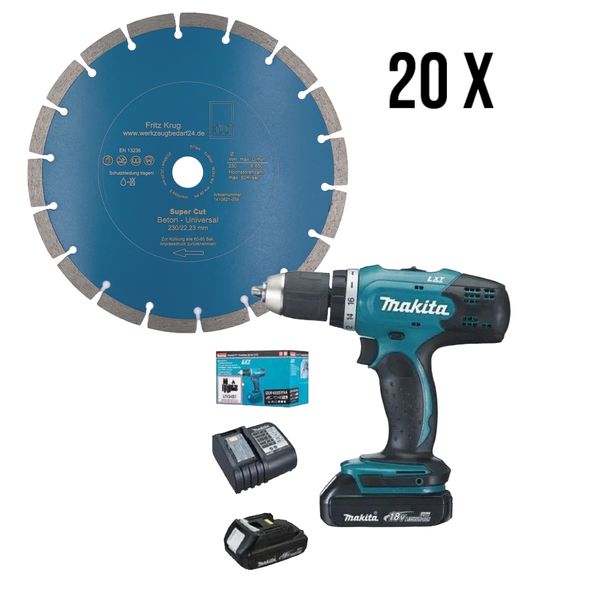 Set 1 x Makita DDF453SYX4 Akku-Bohrschrauber 2x Li-ion 18V/1,5 Ah + 20 x Diamanttrennscheibe Super C