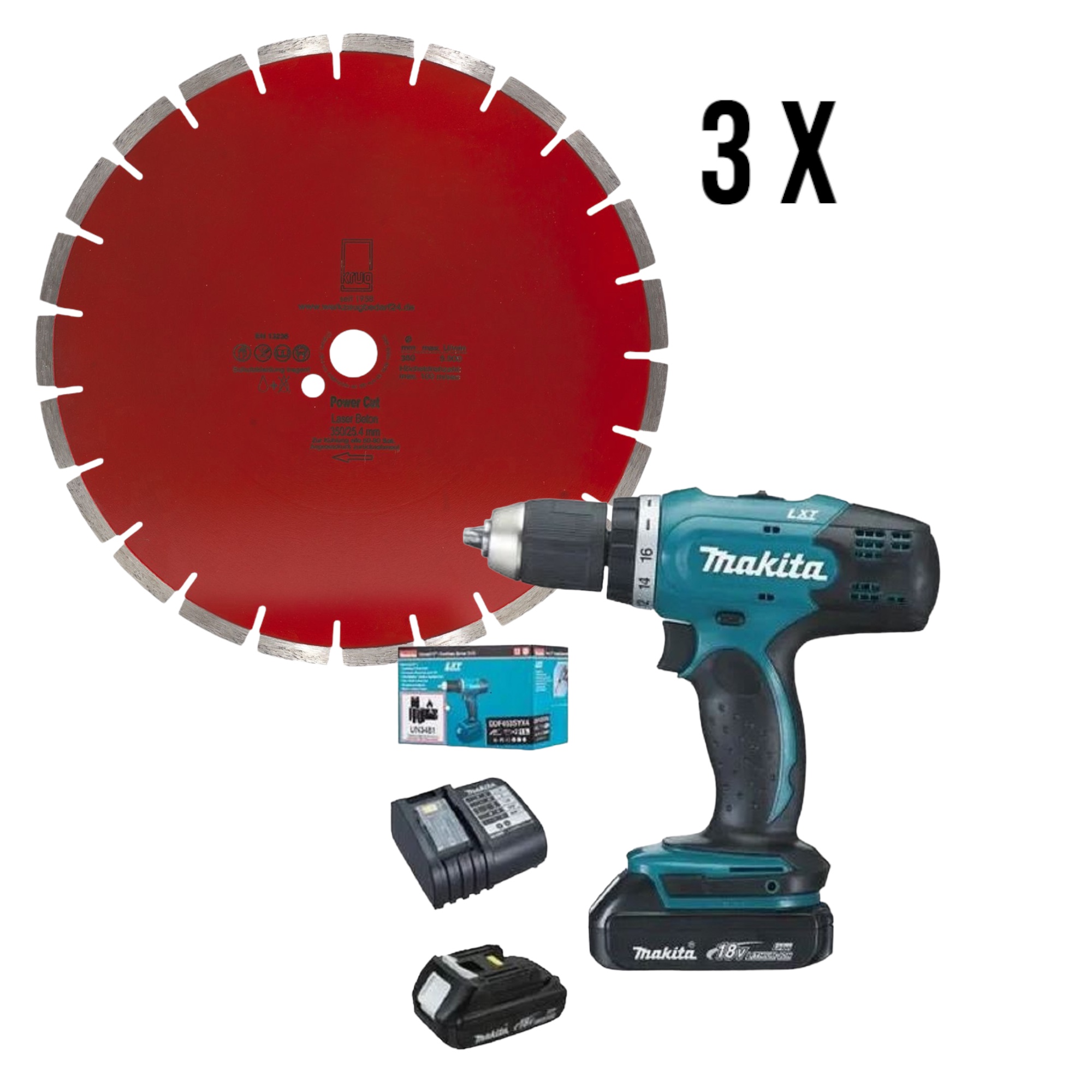 Set 1 x Makita DDF453SYX4 Akku-Bohrschrauber 2x Li-ion 18V/1,5 Ah + 3 x Diamantscheibe Power Cut Bet