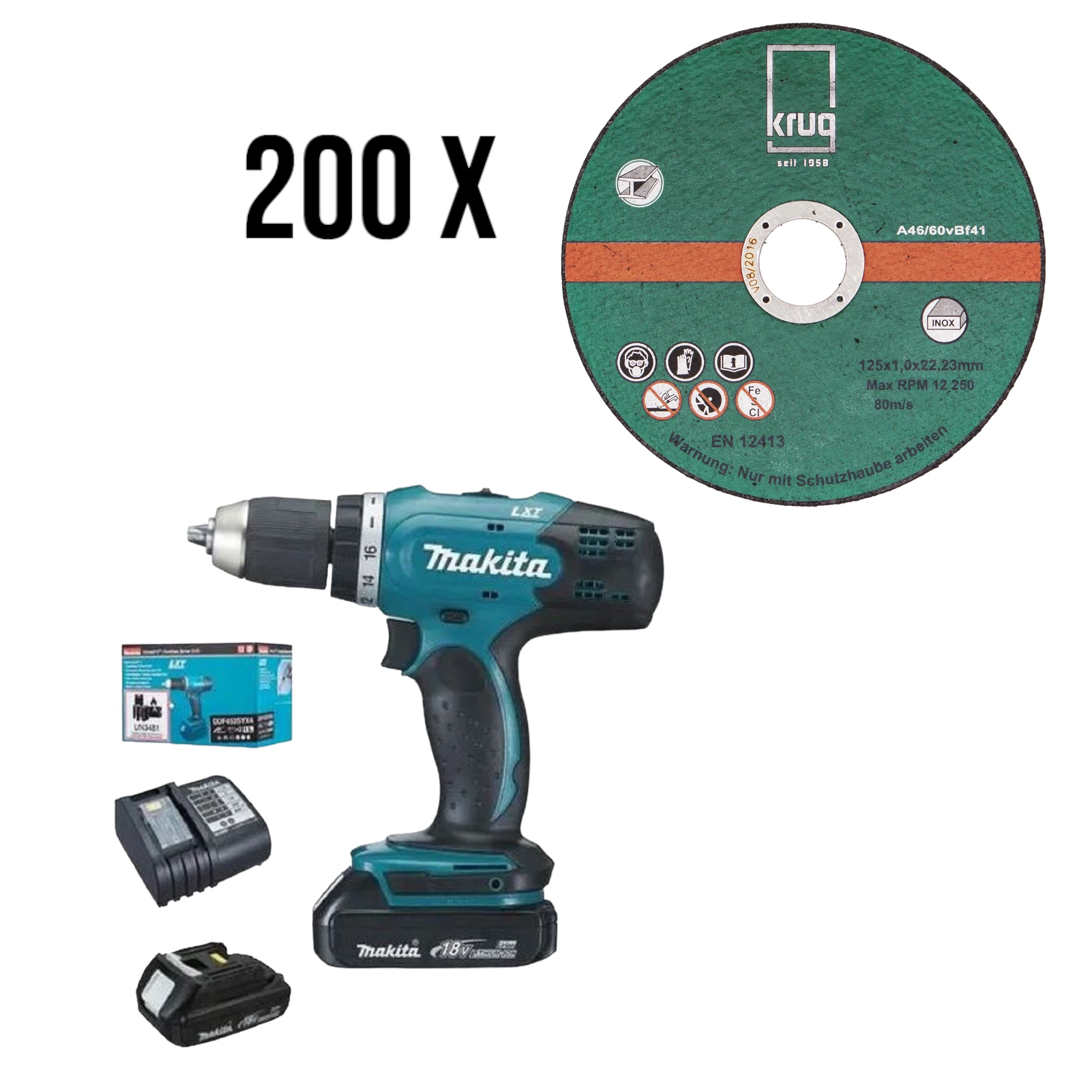 Set 1 x Makita DDF453SYX4 Akku-Bohrschrauber 2x Li-ion 18V/1,5 Ah + 200 x Trennscheibe Inox C 125x1.