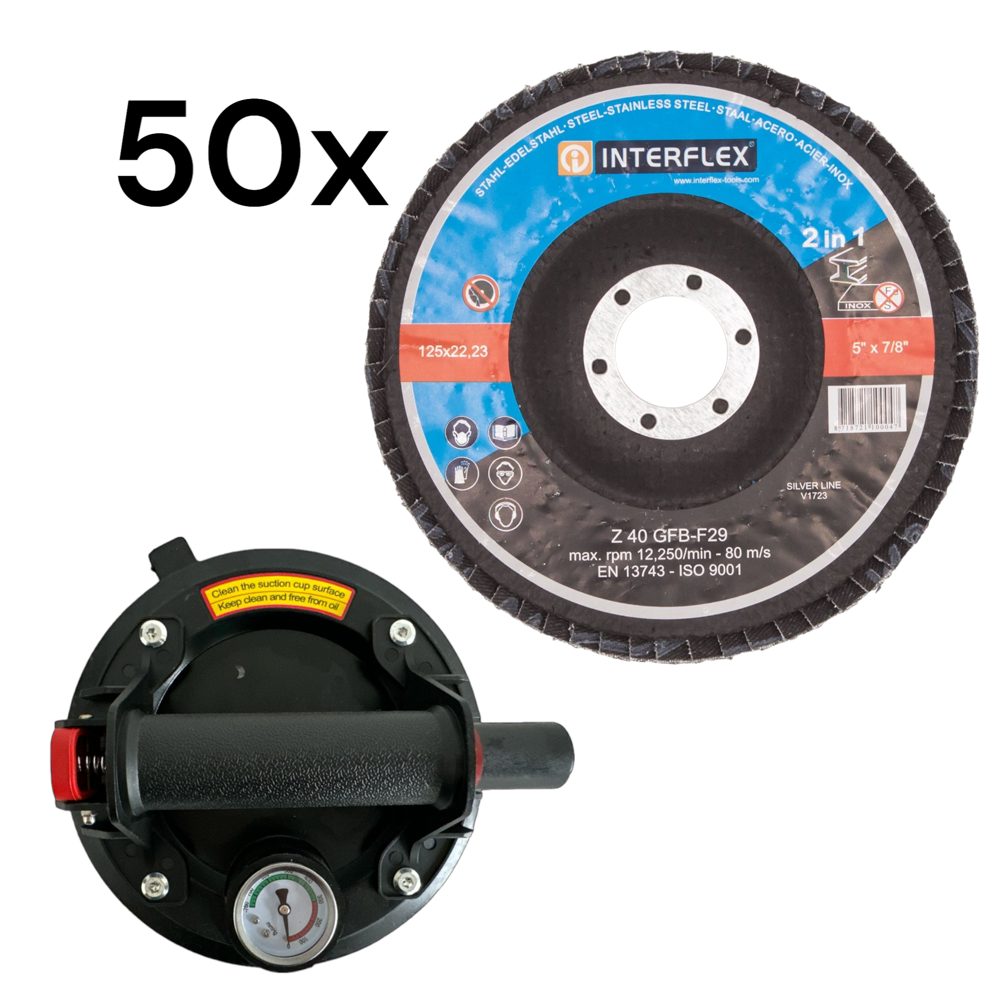 Vakuum Saugnapf, mit Manometer, für Materialtransport + 50 Stck. Fächerschleifscheibe 125mm Korn 40