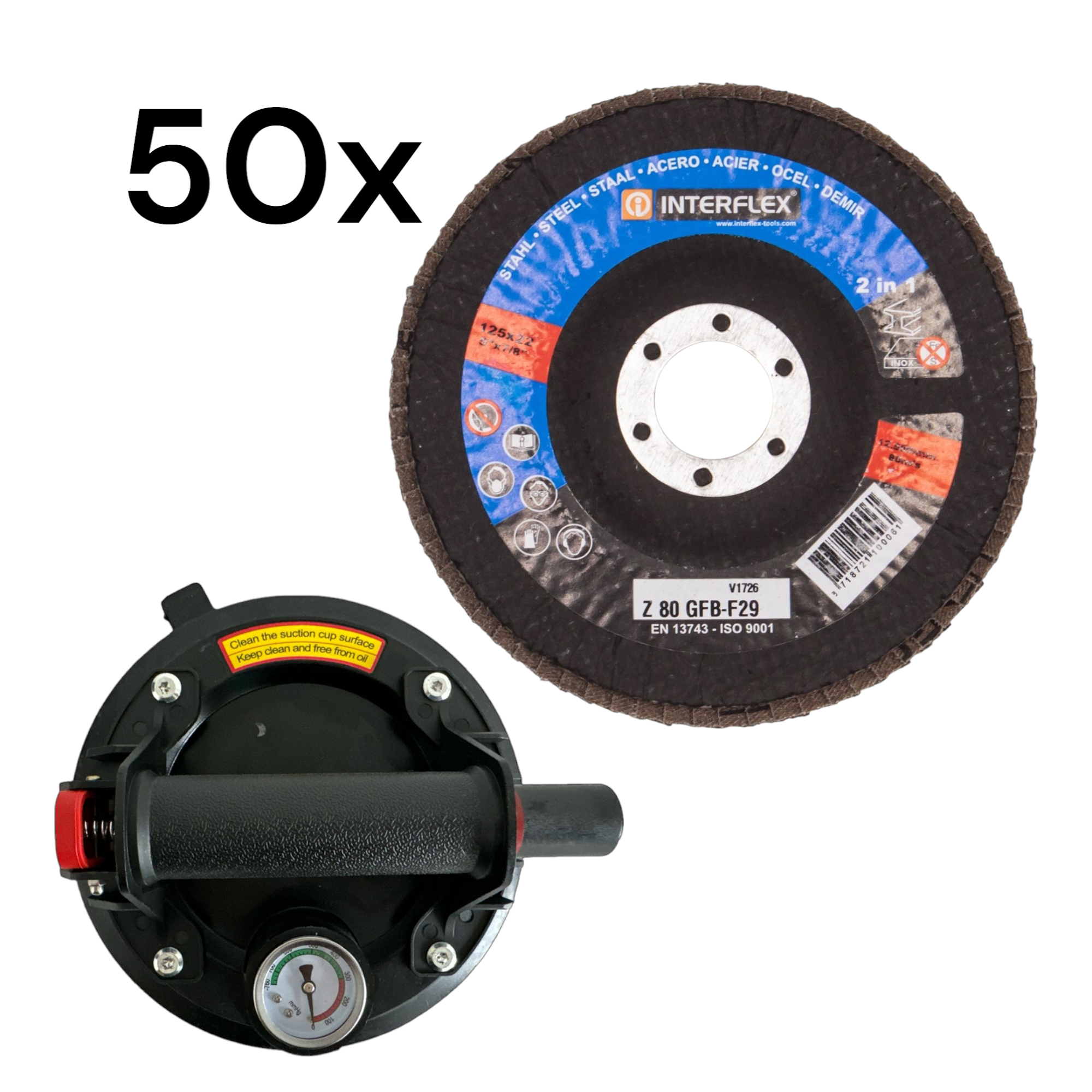 Vakuum Saugnapf, mit Manometer, für Materialtransport + 50 Stck. Fächerschleifscheibe 125mm Korn 80