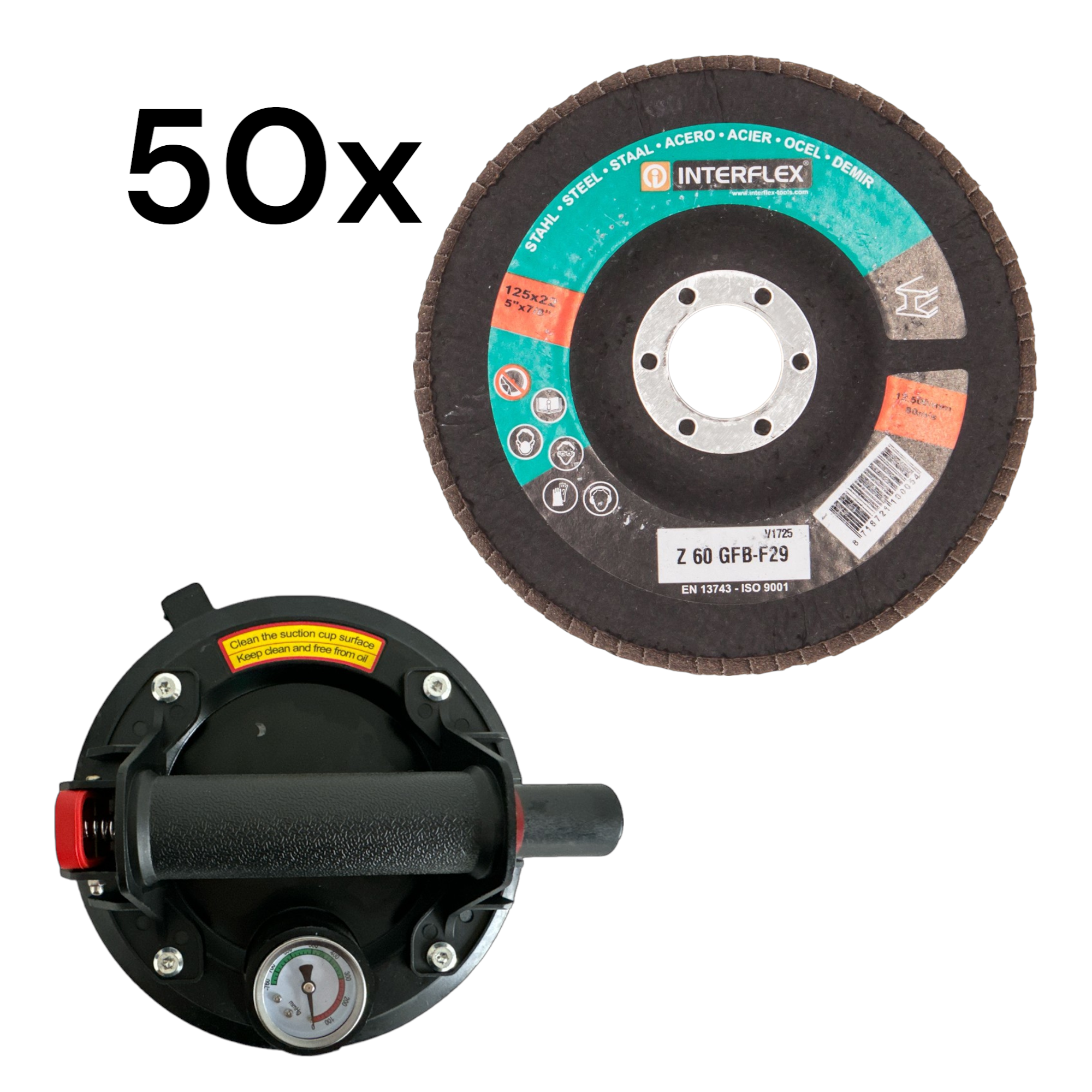 Vakuum Saugnapf, mit Manometer, für Materialtransport + 50 Stck. Fächerschleifscheibe 125mm Korn 60
