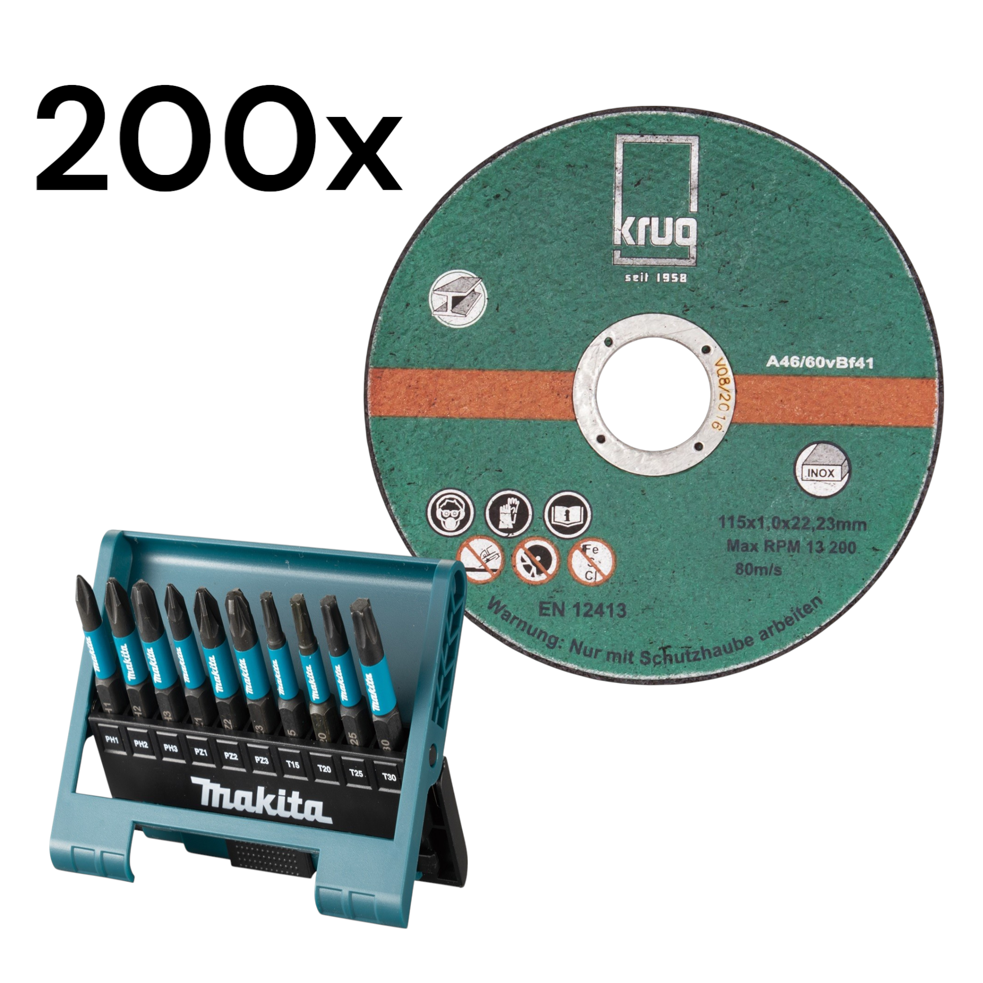 Set Makita Bit-Box E-12011 + 200 x Trennscheiben Inox 115x1.0