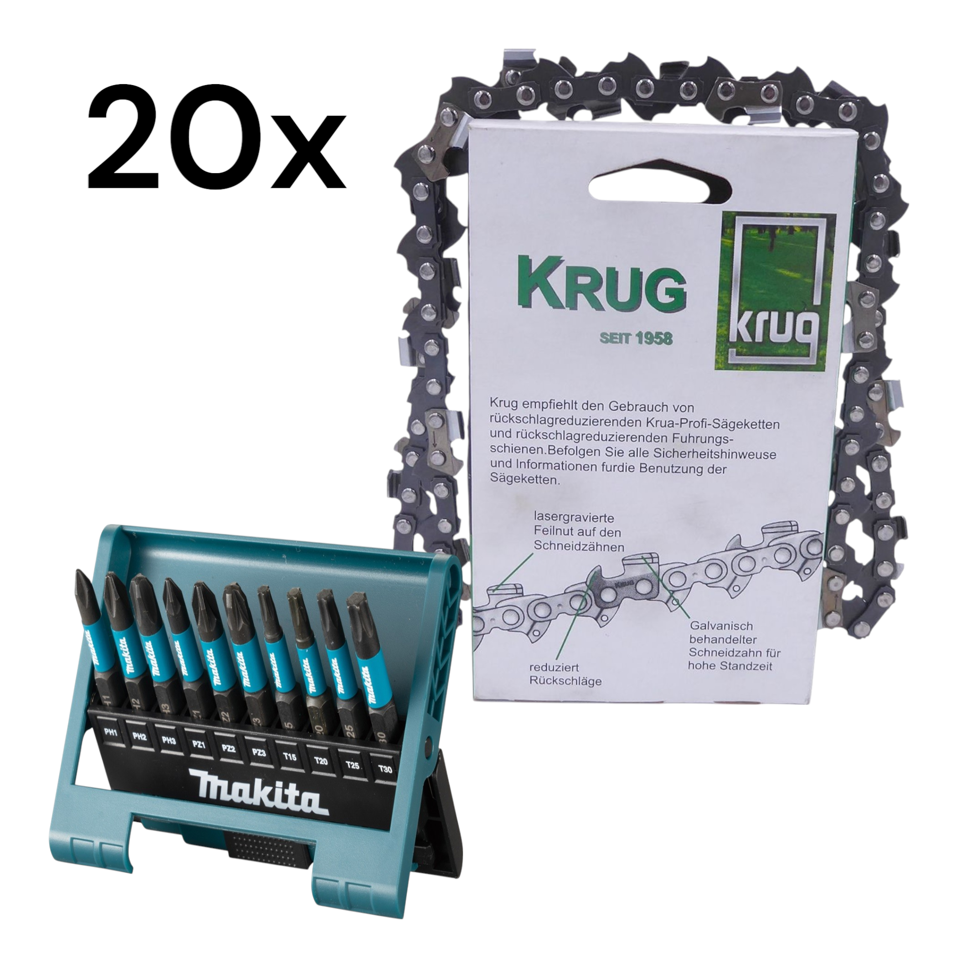 1x Makita Bit-Box E-12011 + 20x Sägeketten 3/8P1.3-44 Profi C für 30cm Schwert