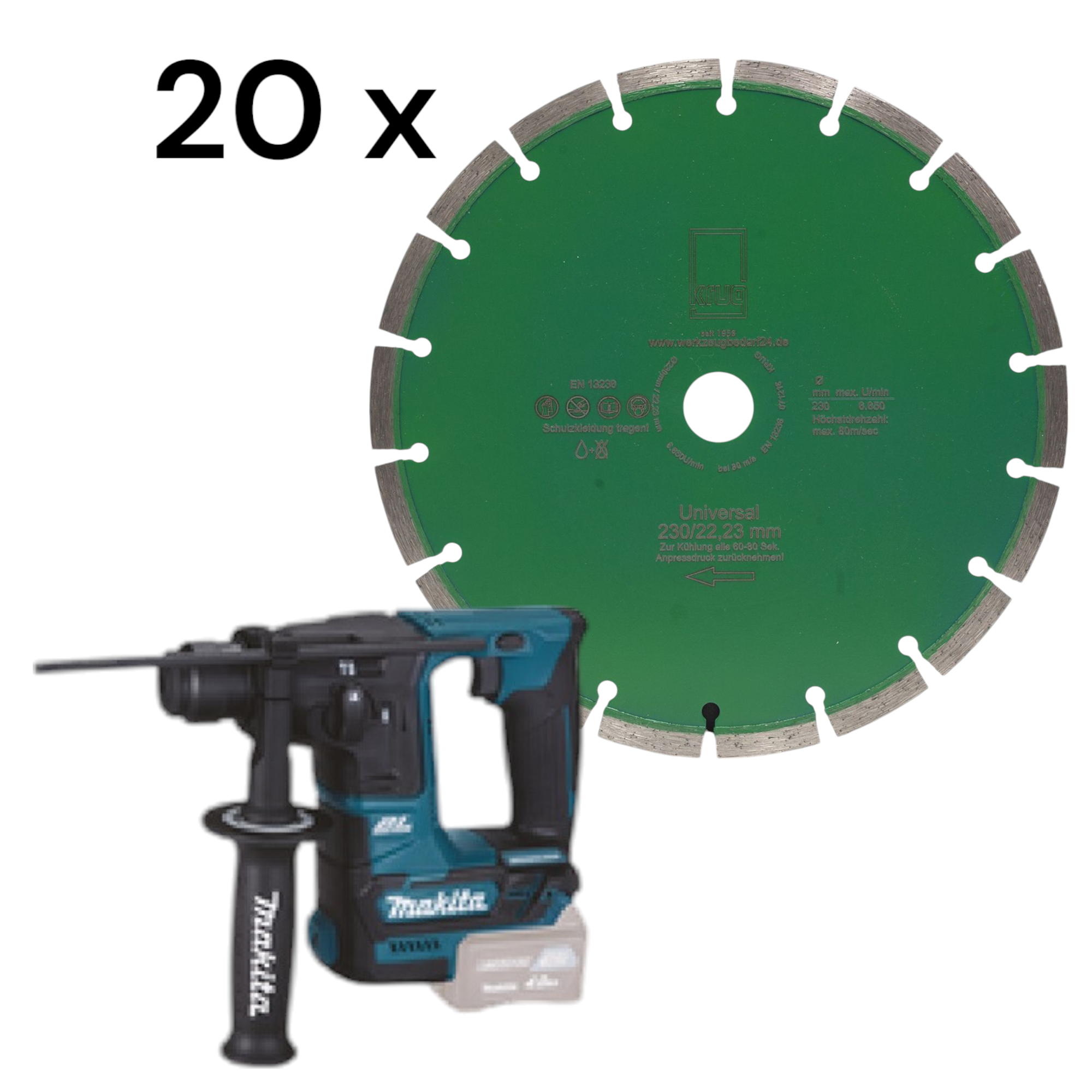 Makita HR166DZ Akku Bohrhammer ohne Akku und Ladegerät + 20 Stück Diamanttrennscheiben Green Cut 230
