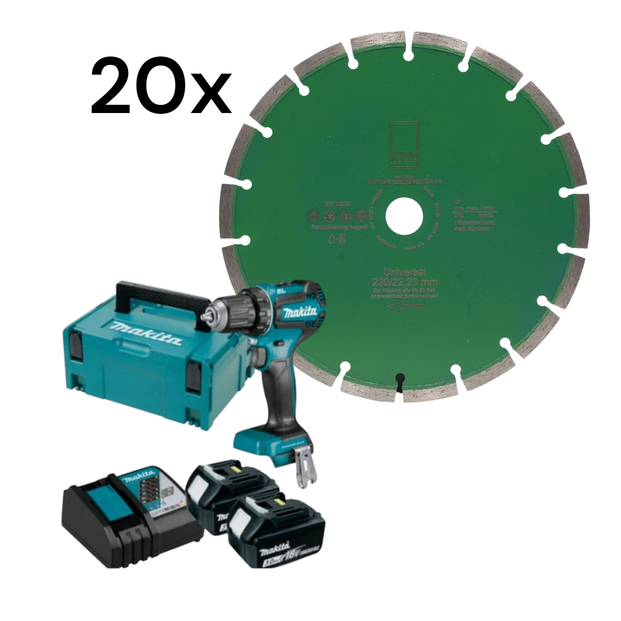 Set 20x Green Cut Beton Universal 230 mm + Makita DDF485RFJ2 2 x 3,0Ah + Schnellladegerät im Koffer