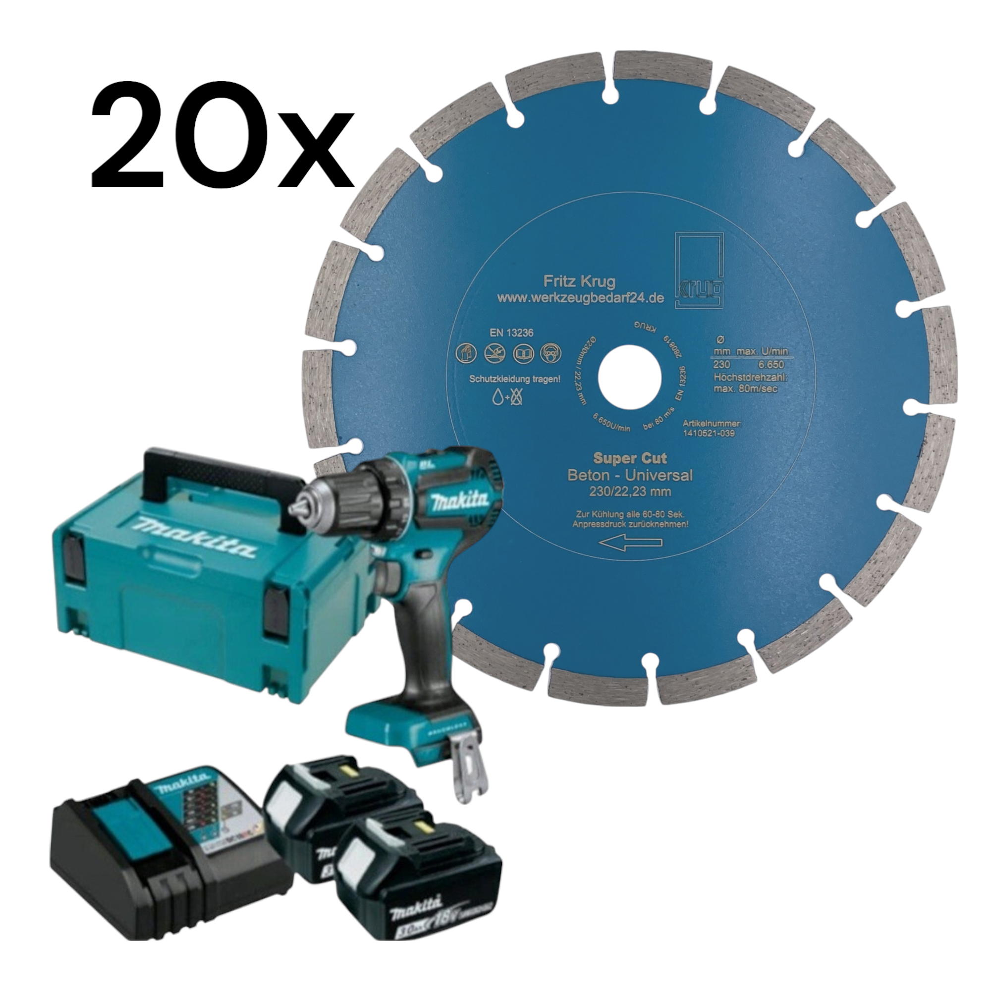 Set 20x Super Cut Beton Universal 230 mm + Makita DDF485RFJ2 2 x 3,0Ah + Schnellladegerät im Koffer