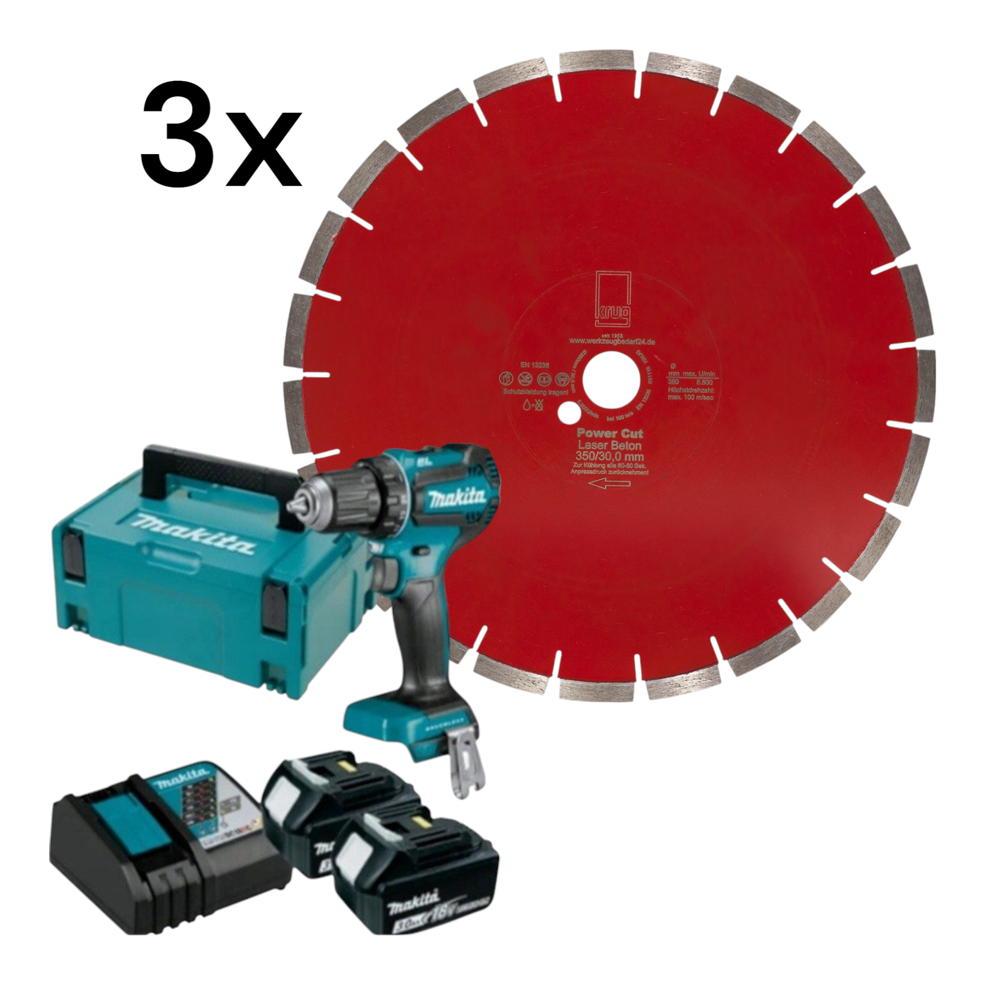 Set 3xPower Cut Beton Laser 350/30 mm+ Makita DDF485RFJ2 2 x 3,0Ah + Schnellladegerät im Koffer - Ak