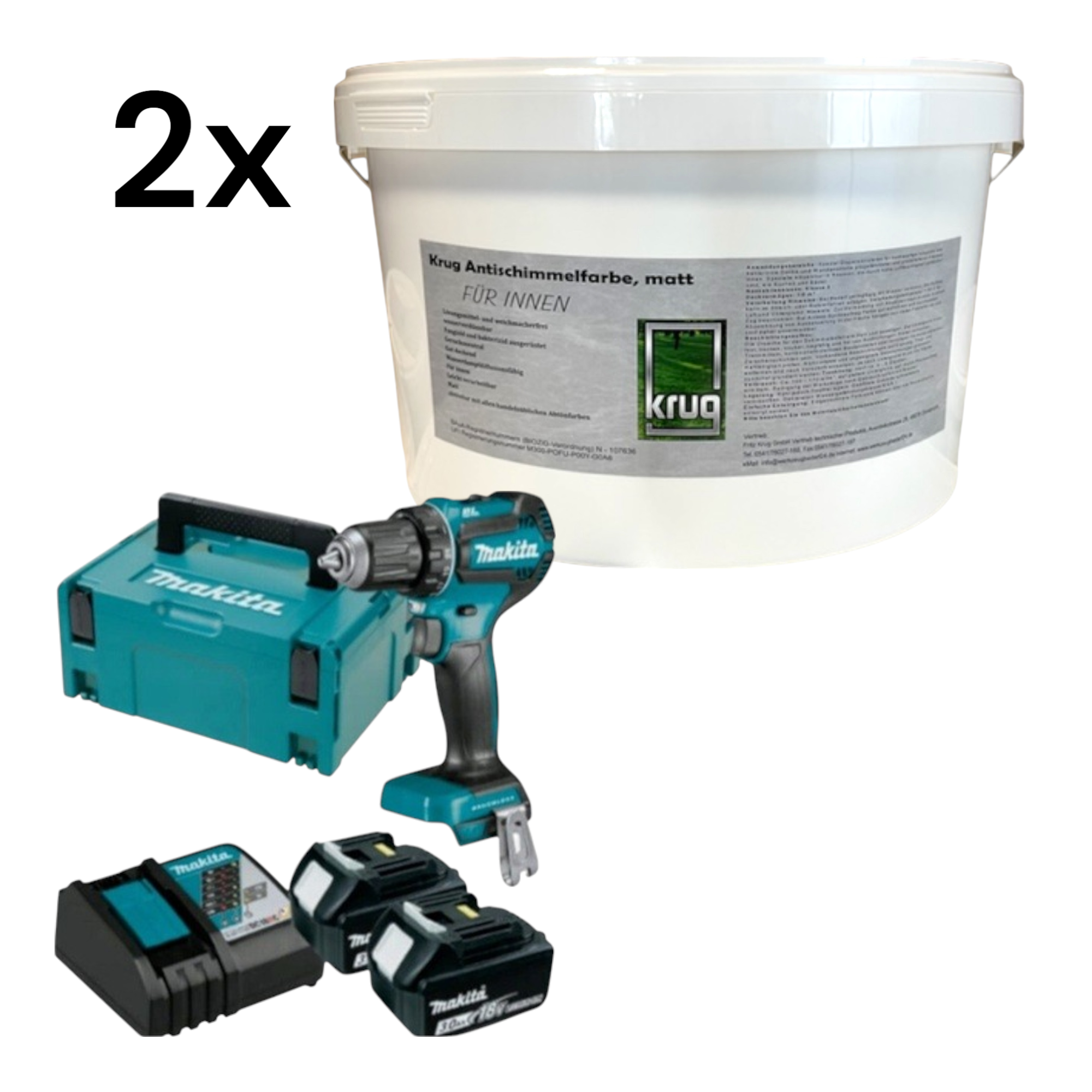 Set 2 x Krug Antischimmelfarbe Matt 12,5 Liter+ Makita DDF485RFJ2 2 x 3,0Ah + Schnellladegerät im Ko