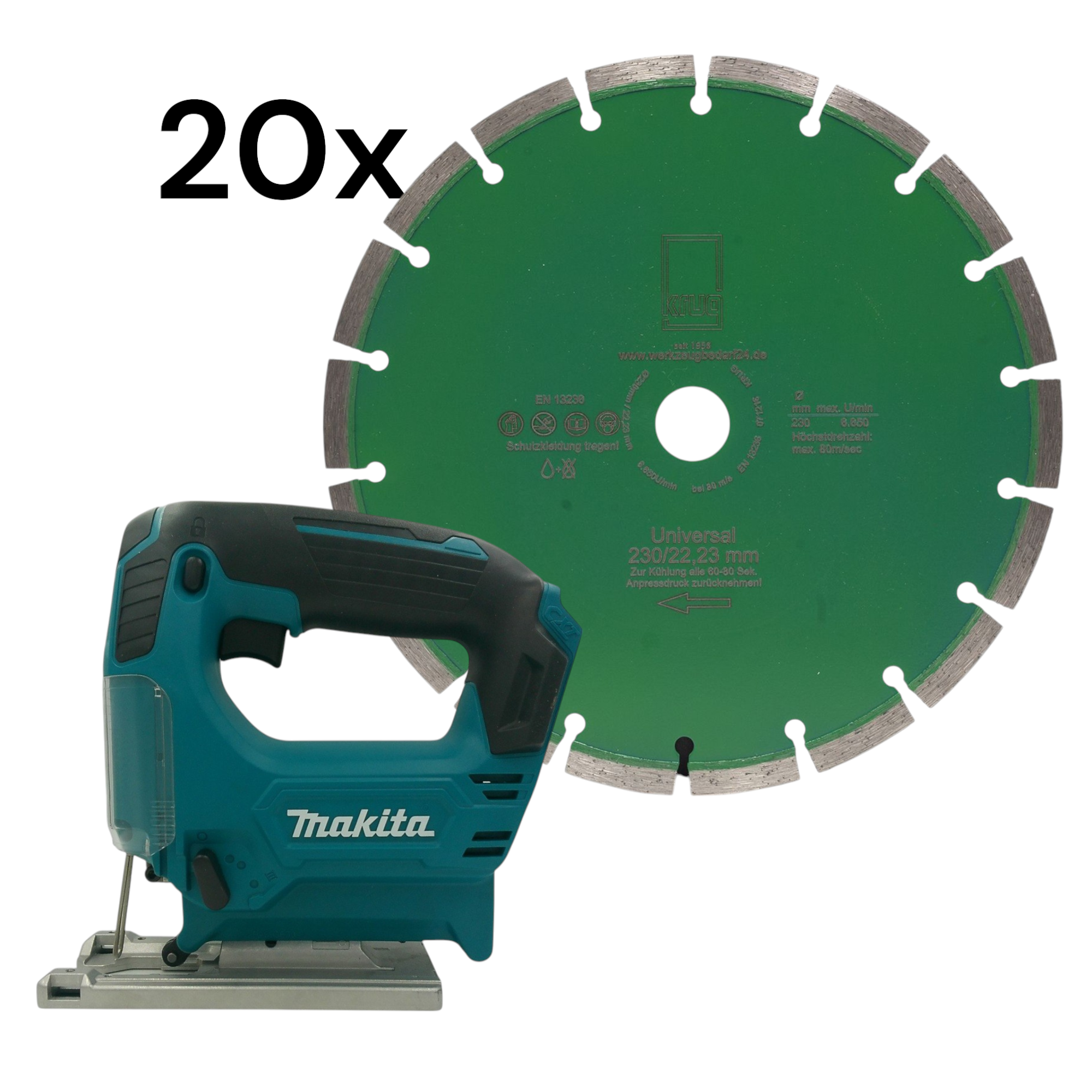 20 Stück Diamantscheibe Green Cut Beton Universal 230 mm für Beton Granit Klinker Stein + Makita Akk