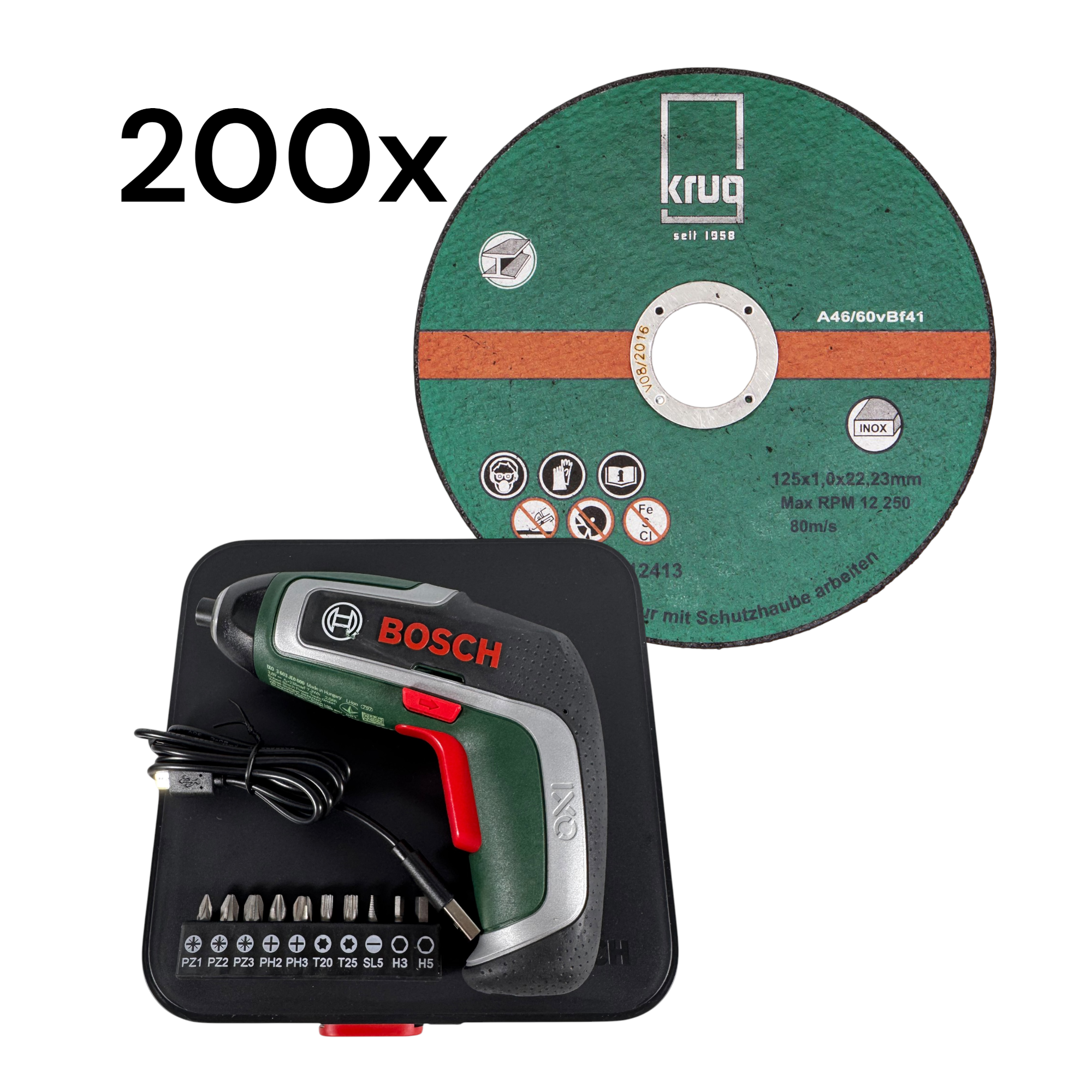 Set:1 x BOSCH IXO 7 Mini-Akkuschrauber + 200 x Trennscheiben INOX 125-1.0 für Edelstahl Metal Blech