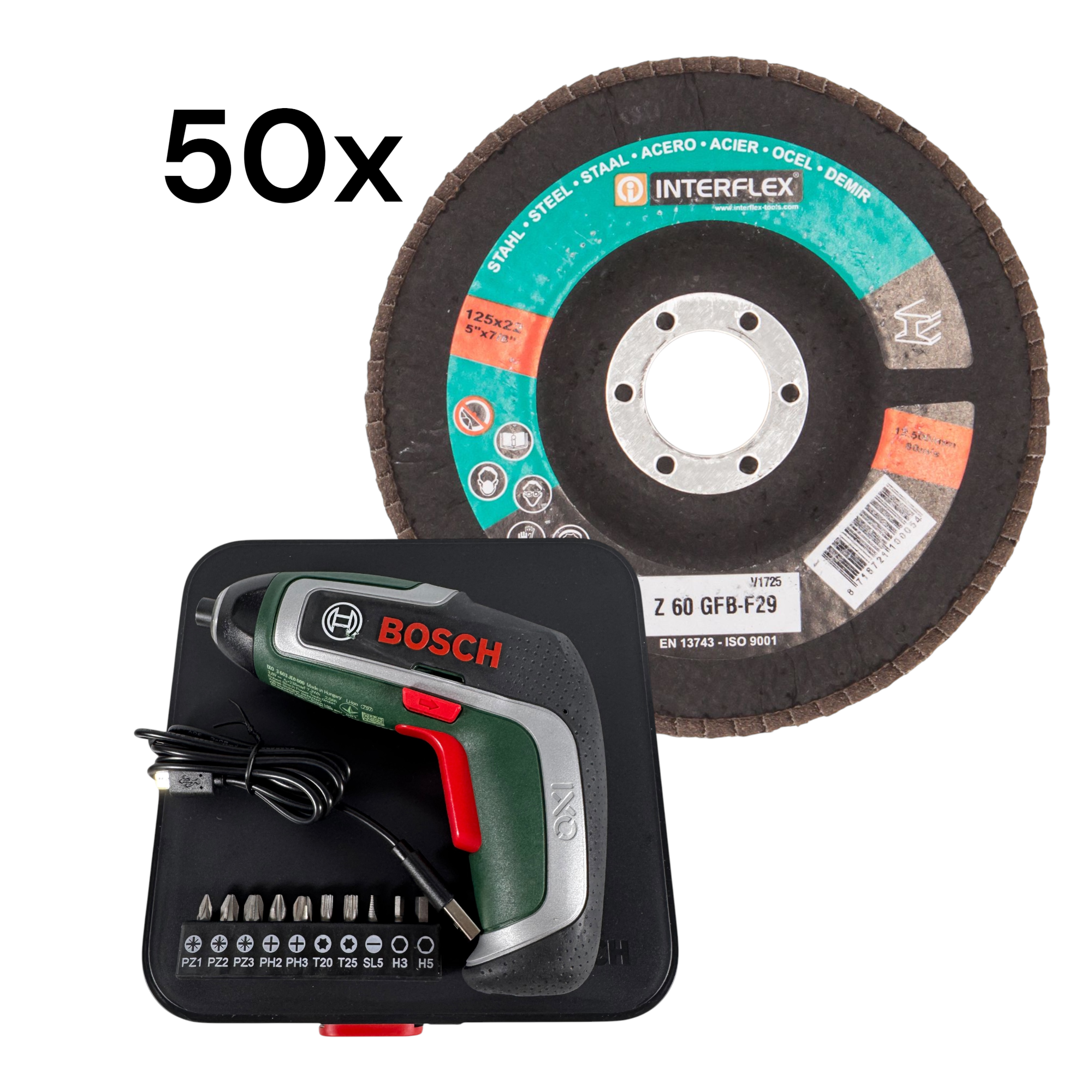 Set:1 x BOSCH IXO 7 Mini-Akkuschrauber + 50 Stück Fächerschleifscheiben 125 x 22 K 60