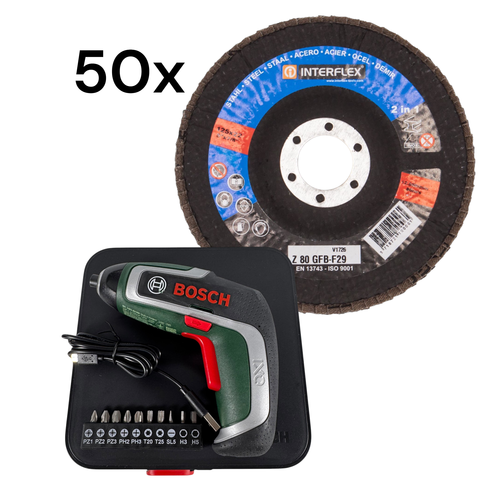 Set:1 x BOSCH IXO 7 Mini-Akkuschrauber + 50 Stück Fächerschleifscheiben 125 x 22 K 80