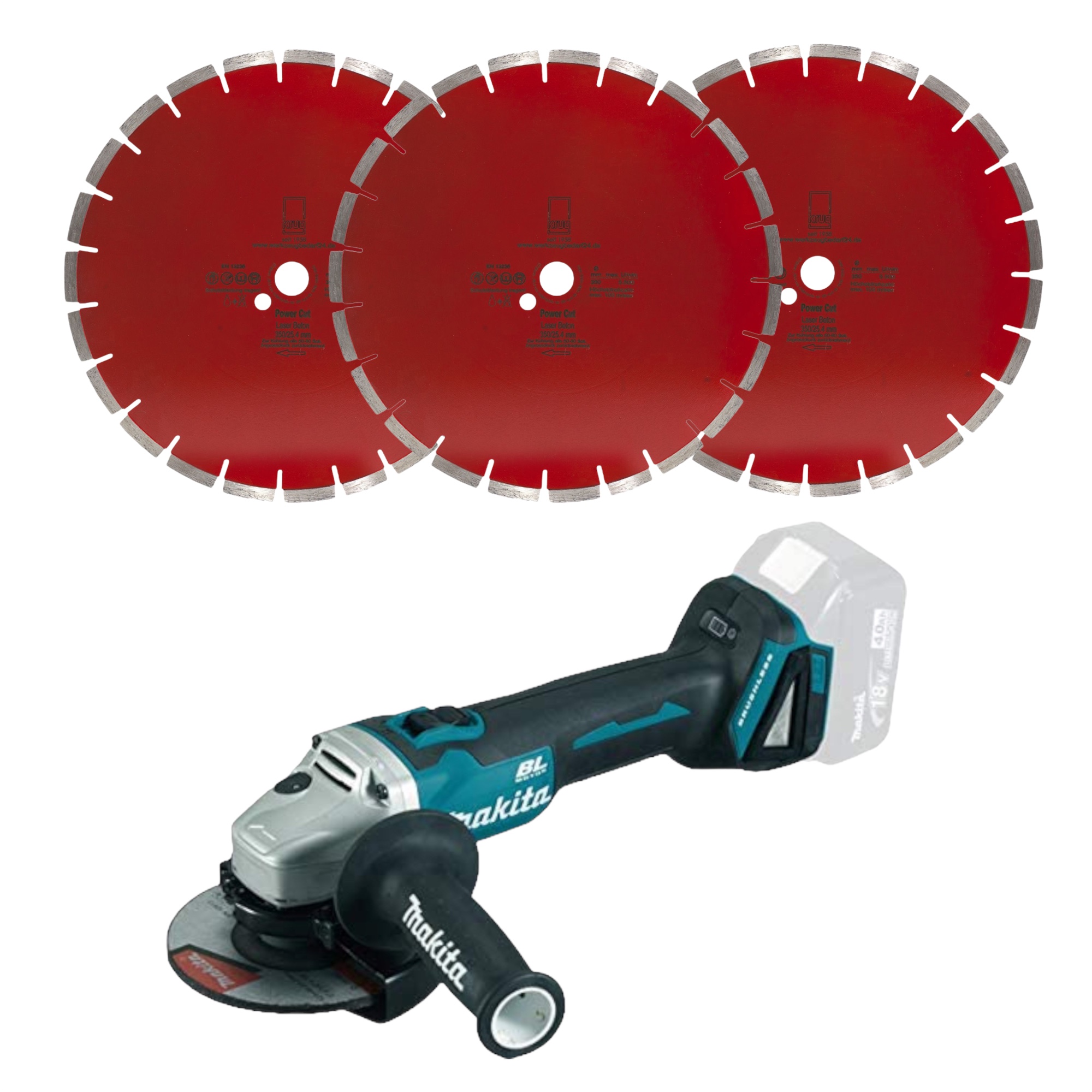 Set  3x Diamantscheibe Power Cut Beton Laser 350/25,4 mm + Makita DGA504Z Akku-Winkelschleifer 18V