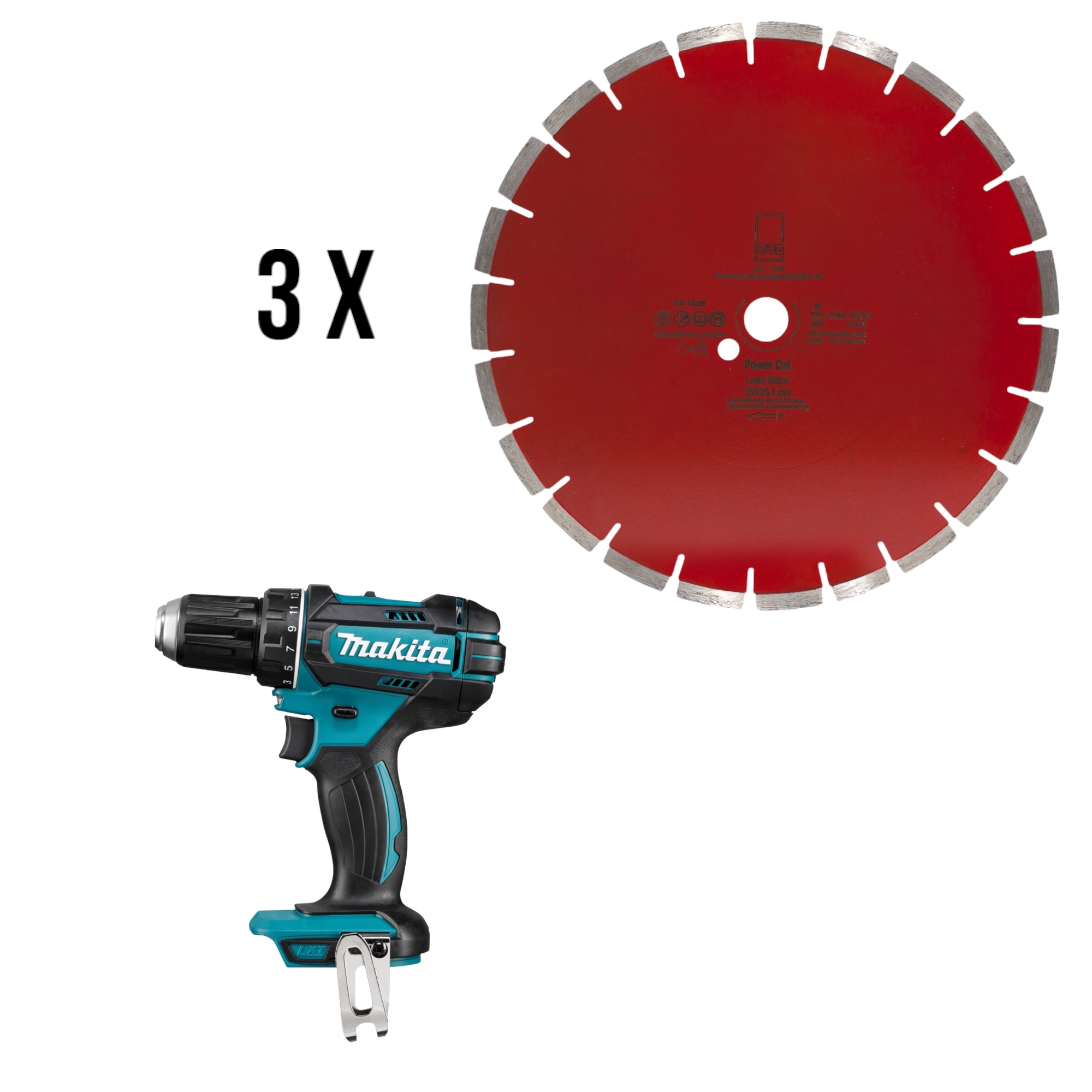 Set 3 x  Diamantscheibe Power Cut Beton Laser 350/25,4 mm + Makita Akku-Bohrschrauber DDF482Z-18V oh