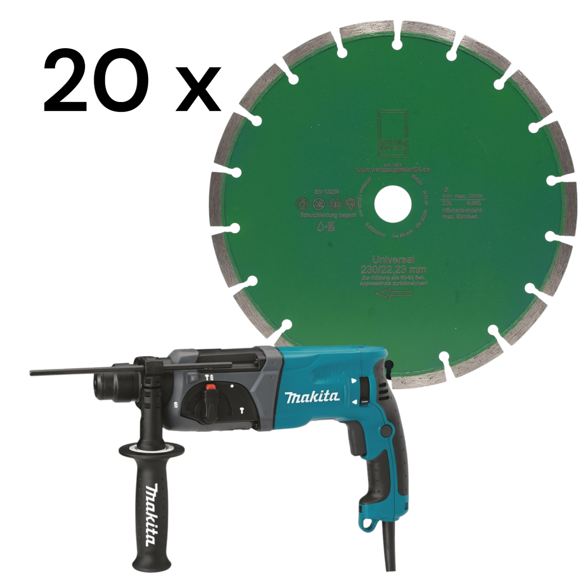 1 x Kombihammer - Makita HR2470 + 20x Diamantscheibe Green Cut 230 mm für Beton Granit Klinker Stein