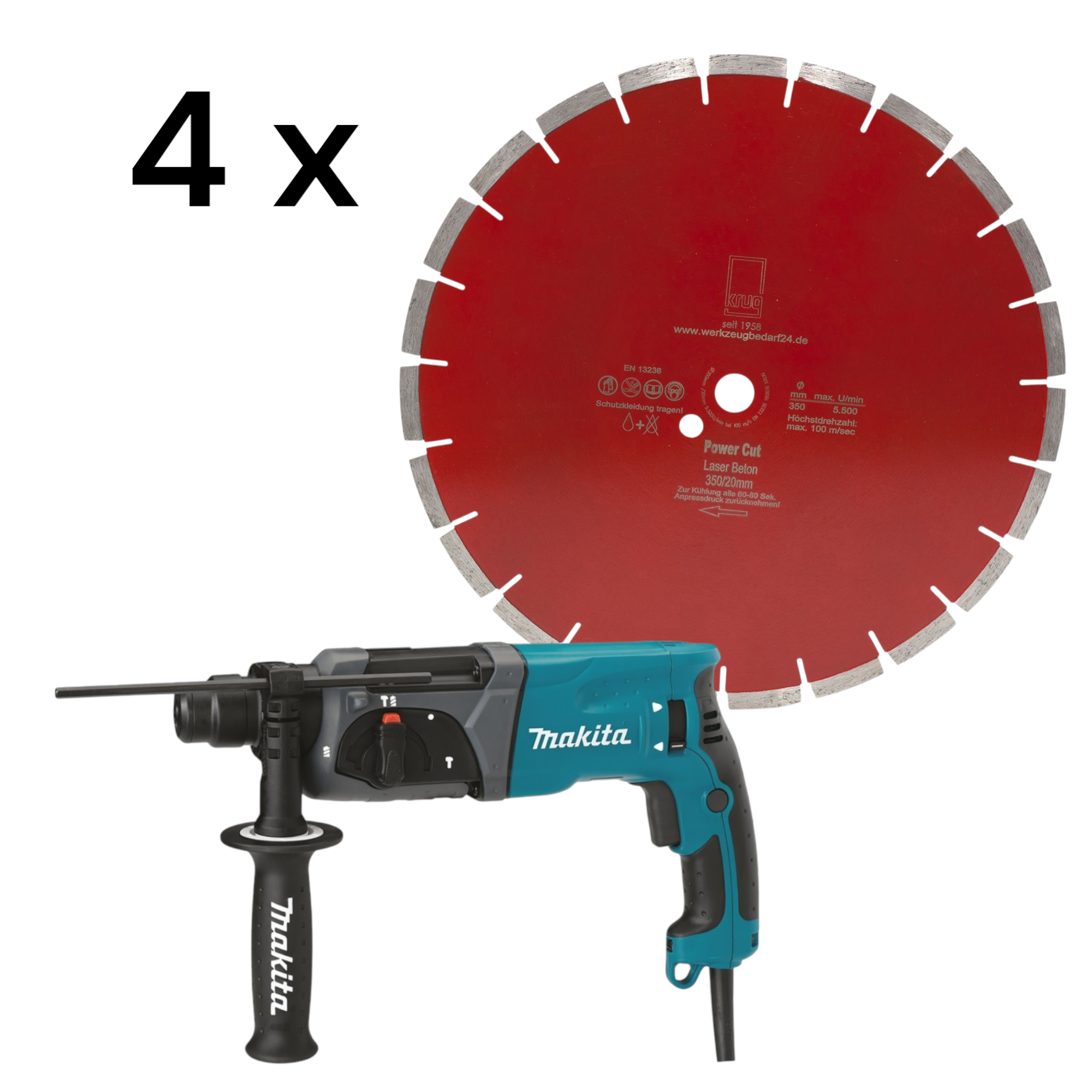 1 x Kombihammer - Makita HR2470 + 4 x Diamantscheibe Power Cut Beton Laser 350/20 für Beton Granit K