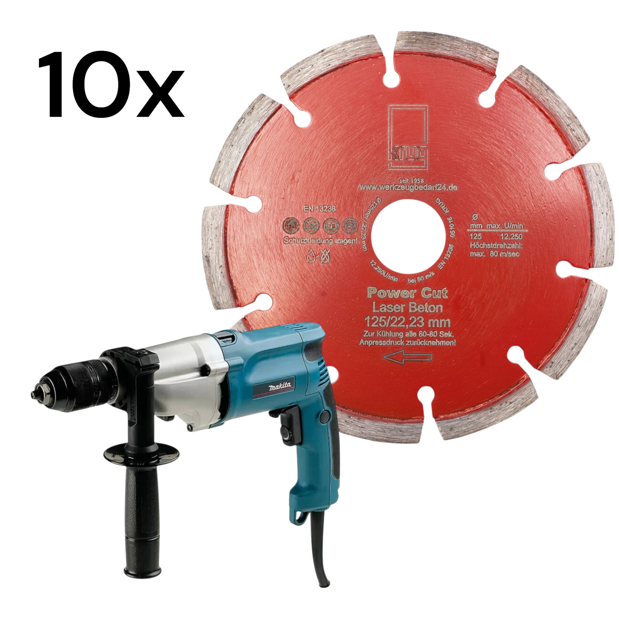 1 x Schlagbohrmaschine  Makita HP2051H +10 x Diamantscheibe Power Cut 125 mm für Beton Granit Klinke