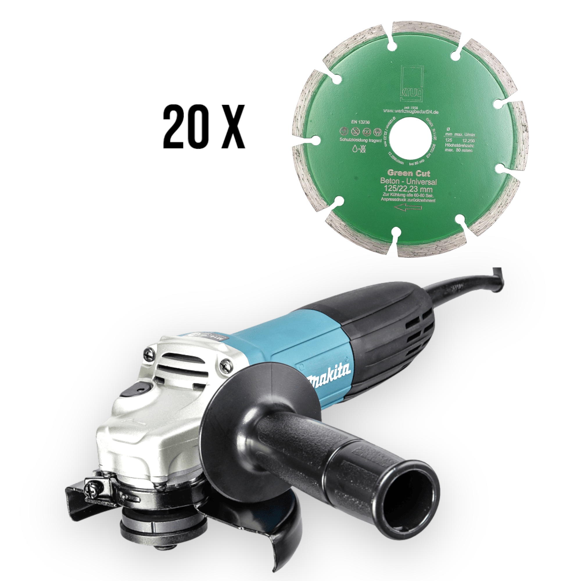 Set 1 x Winkelschleifer Makita GA5030R + 20 x Diamantscheibe Green Cut Beton Universal 125 mm