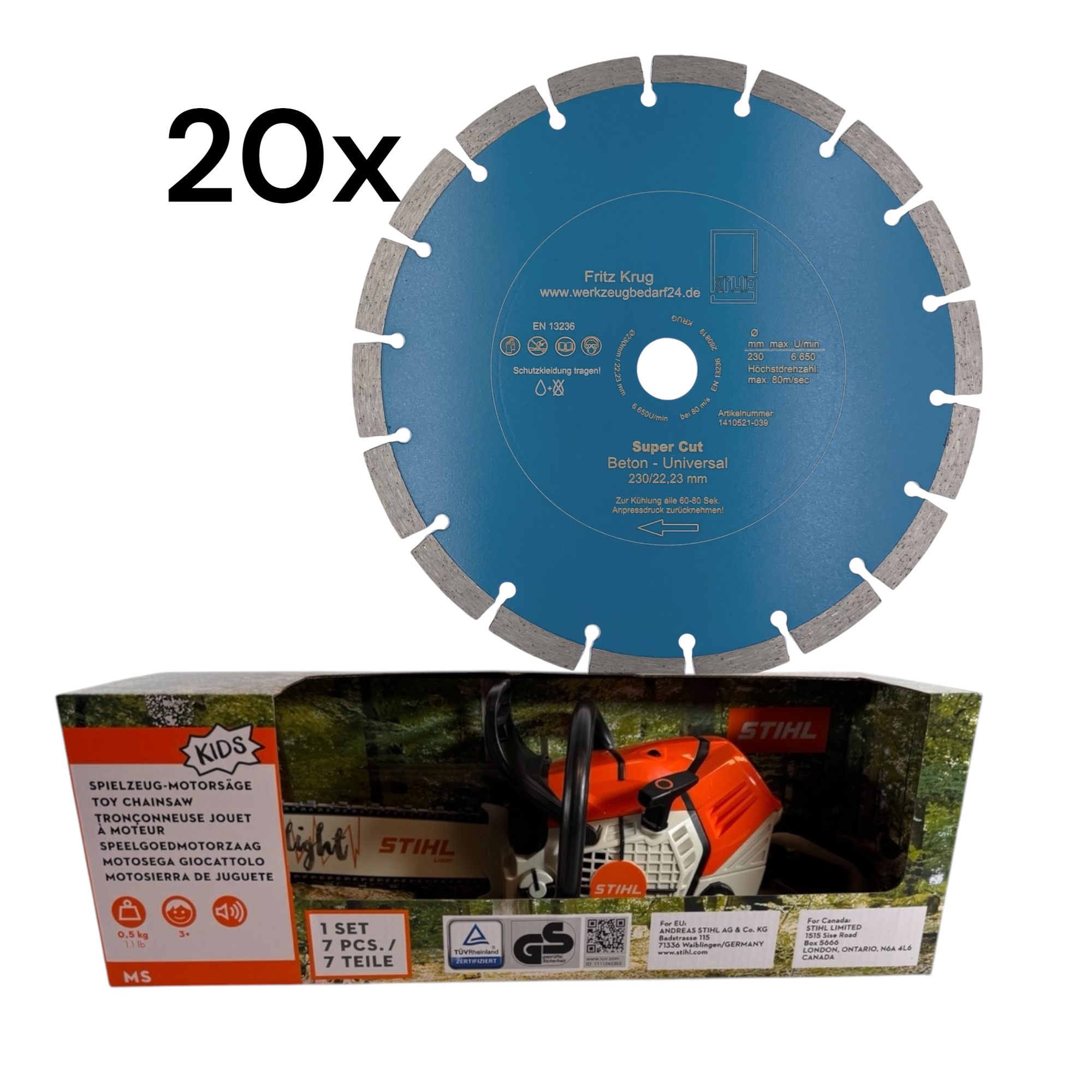 Set: 20 Stück Diamanttrennscheibe Super Cut 230 x 22,2 mm + STIHL Kinder Spielzeugsäge 04216000053 m