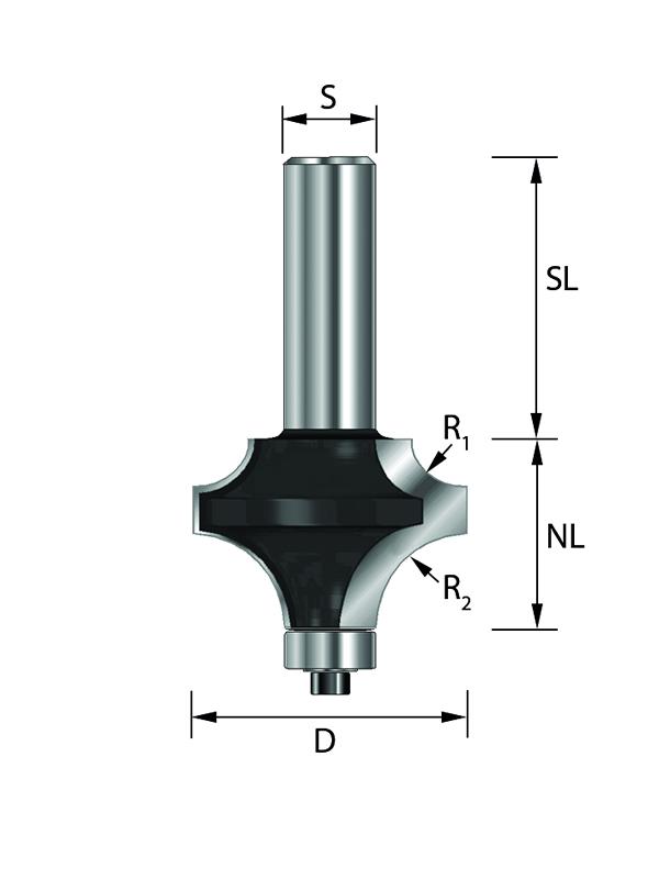 Duo-Radienfräser HW mit Kugellager A=38,1 R1=6,35 B=25,4 C=8 (M)