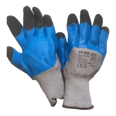 K033 Flex, Latexschaum mit Textilbundchen, blau mit grauen Handrücken Gr. 9