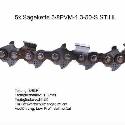 5 Stück Stihl Picco Super (PS) 3/8P 1.3mm 50 TG Sägekette Vollmeissel