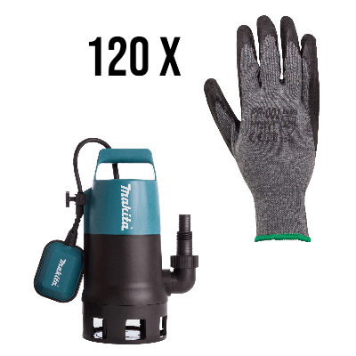 Makita Tauchpumpe-Schmutzwasser PF0410 plus 120 Stück Arbeitshandschuhe - Strickhandschuh, Latex sch