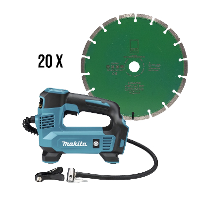 Set 20 Stück Diamantscheibe Green Cut Universal 230 mm +Makita DMP180Z 18V Akku-Kompressor