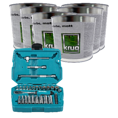 Set 6 x Krug Antischimmelfarbe Matt 0,75 Liter + 1 x Makita Ratschen + Bit-Set B-65567 1/4\", 34 tlg