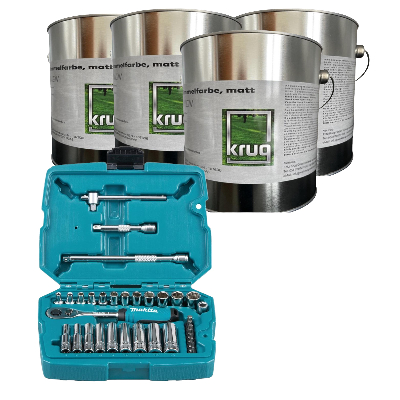 Set 4 x Krug Antischimmelfarbe Matt 2,5 Liter + 1 x Makita Ratschen + Bit-Set B-65567 1/4\", 34 tlg.