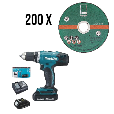 Set 1 x Makita DDF453SYX4 Akku-Bohrschrauber 2x Li-ion 18V/1,5 Ah + 200 x Trennscheibe Inox C 125x1.