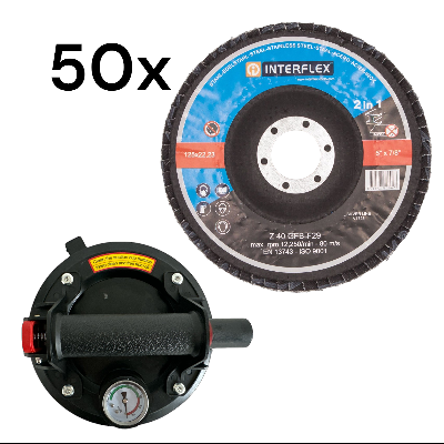 Vakuum Saugnapf, mit Manometer, für Materialtransport + 50 Stck. Fächerschleifscheibe 125mm Korn 40