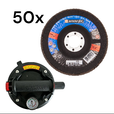 Vakuum Saugnapf, mit Manometer, für Materialtransport + 50 Stck. Fächerschleifscheibe 125mm Korn 80